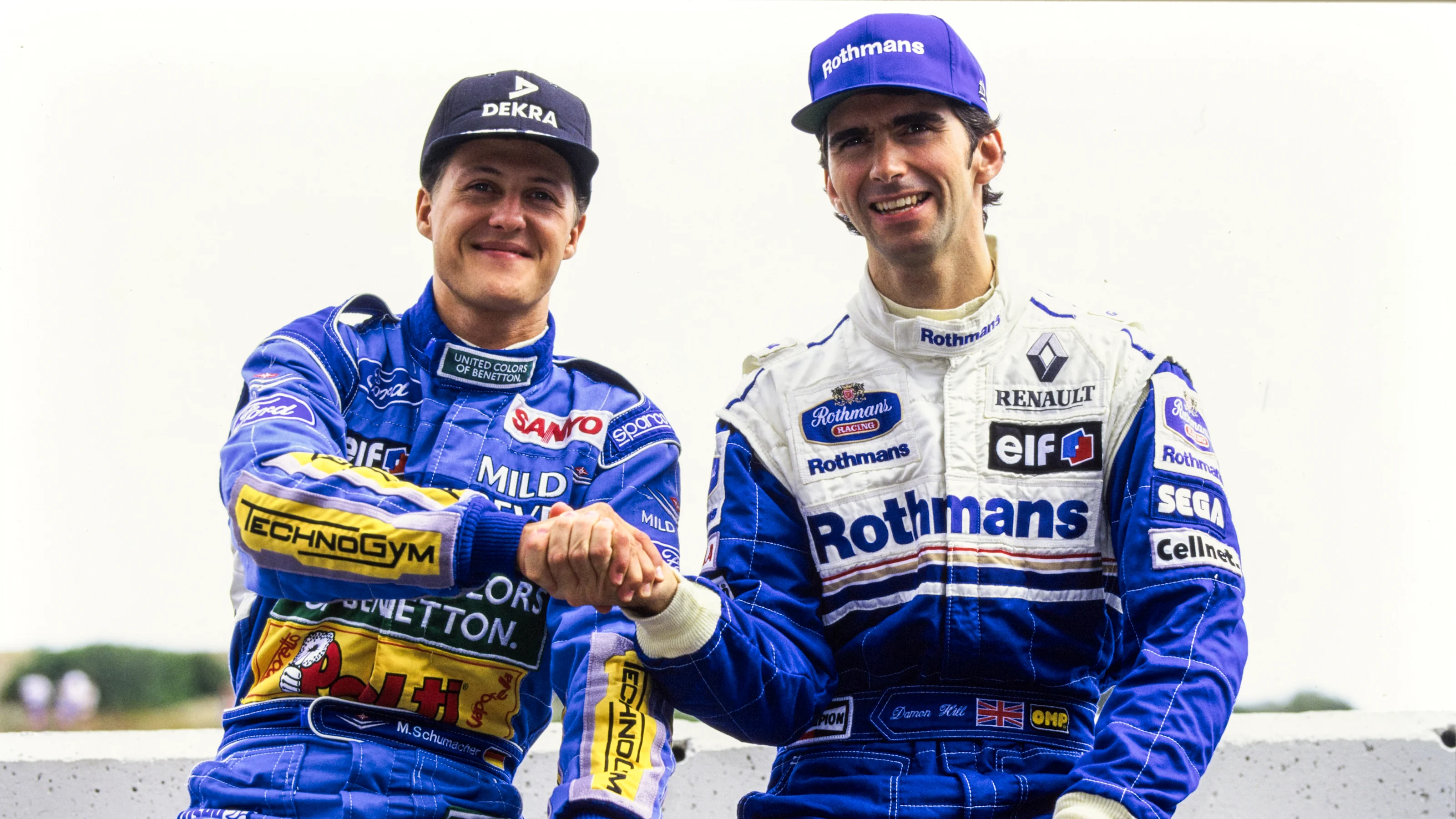 CIRCUITO DE JEREZ, SPAIN - OCTOBER 16: Title contenders Michael Schumacher and Damon Hill during
