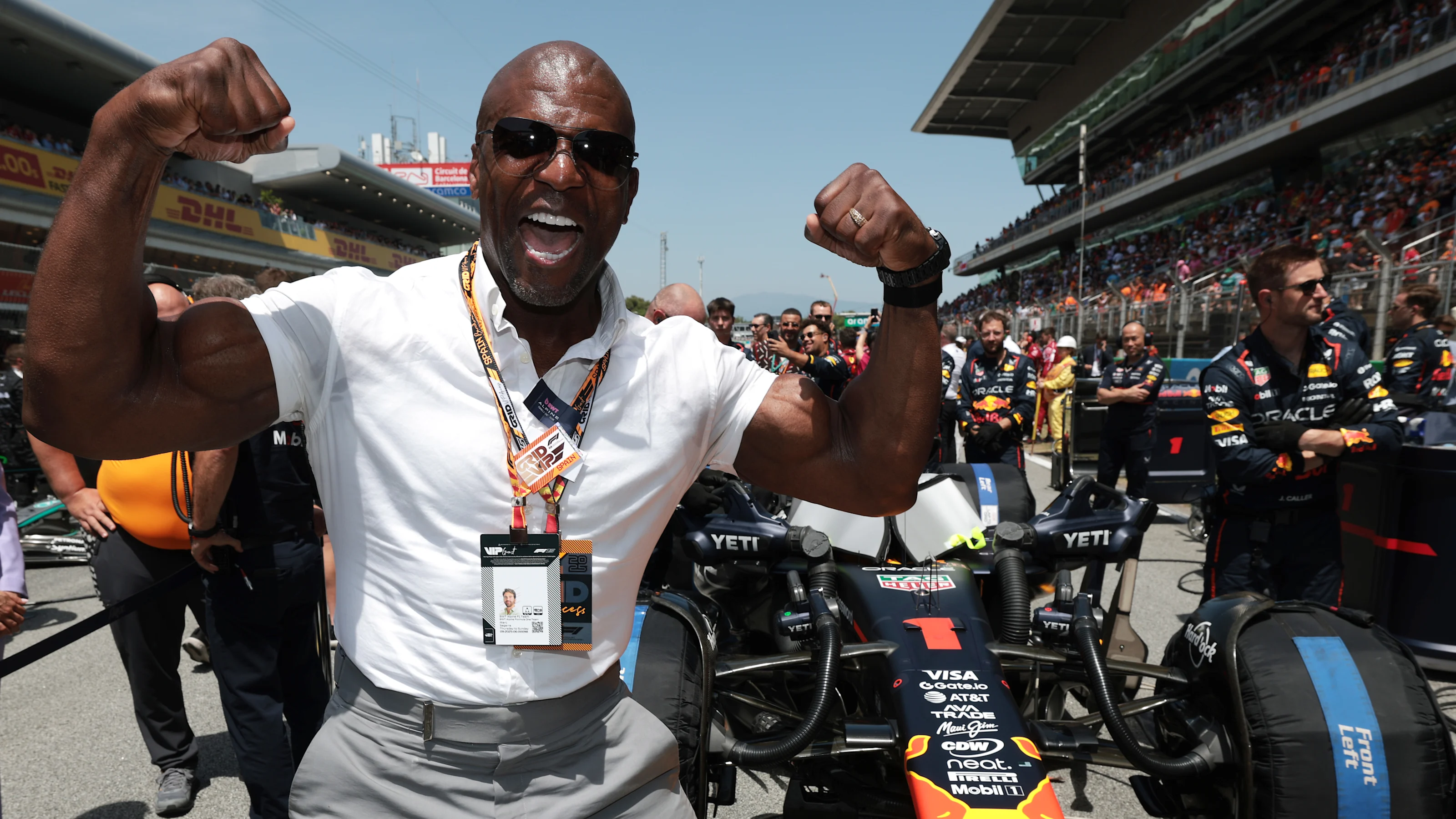 BARCELONA, SPAIN - JUNE 01: Terry Crews poses for a photo with the Oracle Red Bull Racing team on