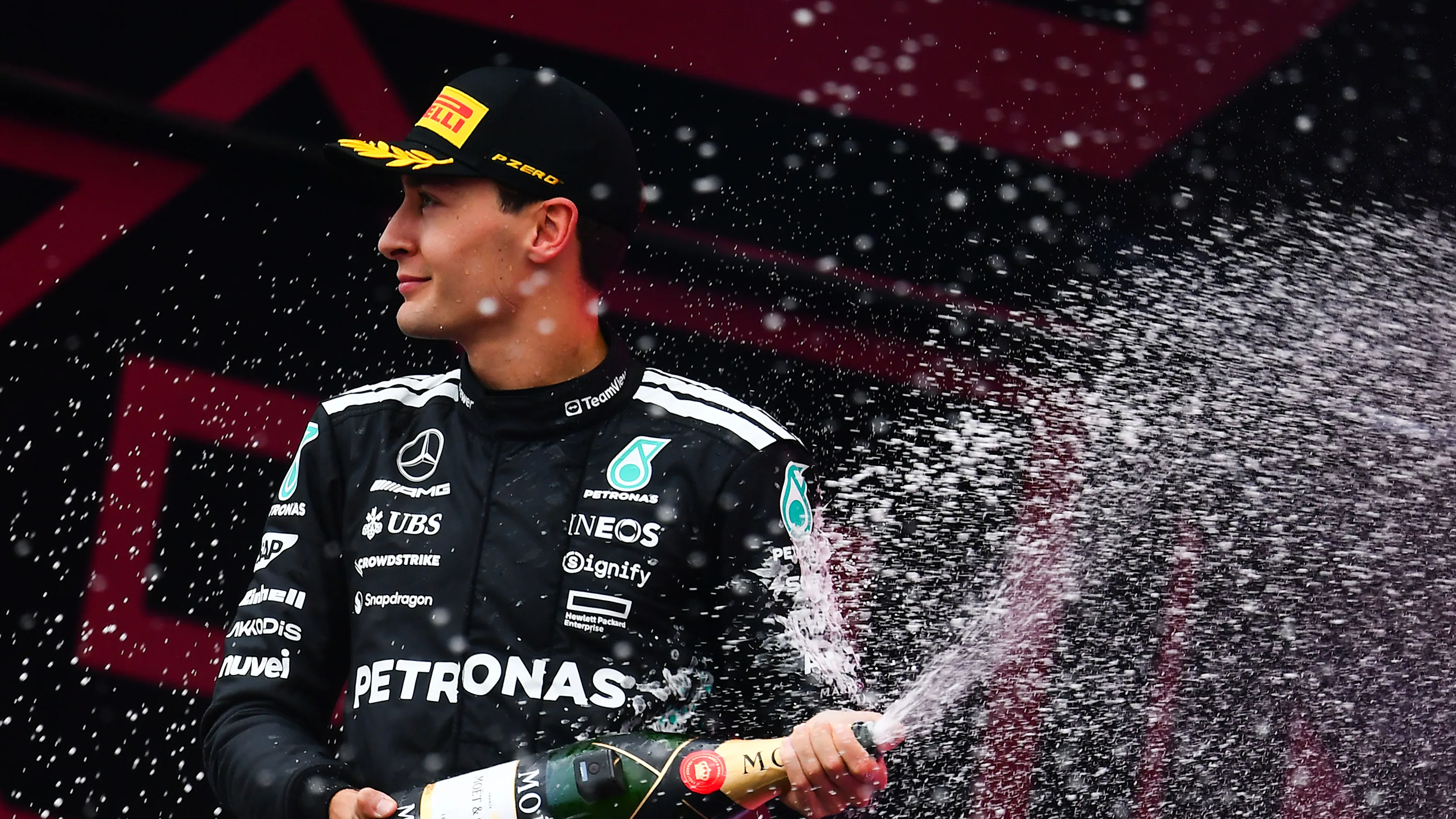 BAKU, AZERBAIJAN - SEPTEMBER 21: Second placed George Russell of Great Britain and Mercedes AMG