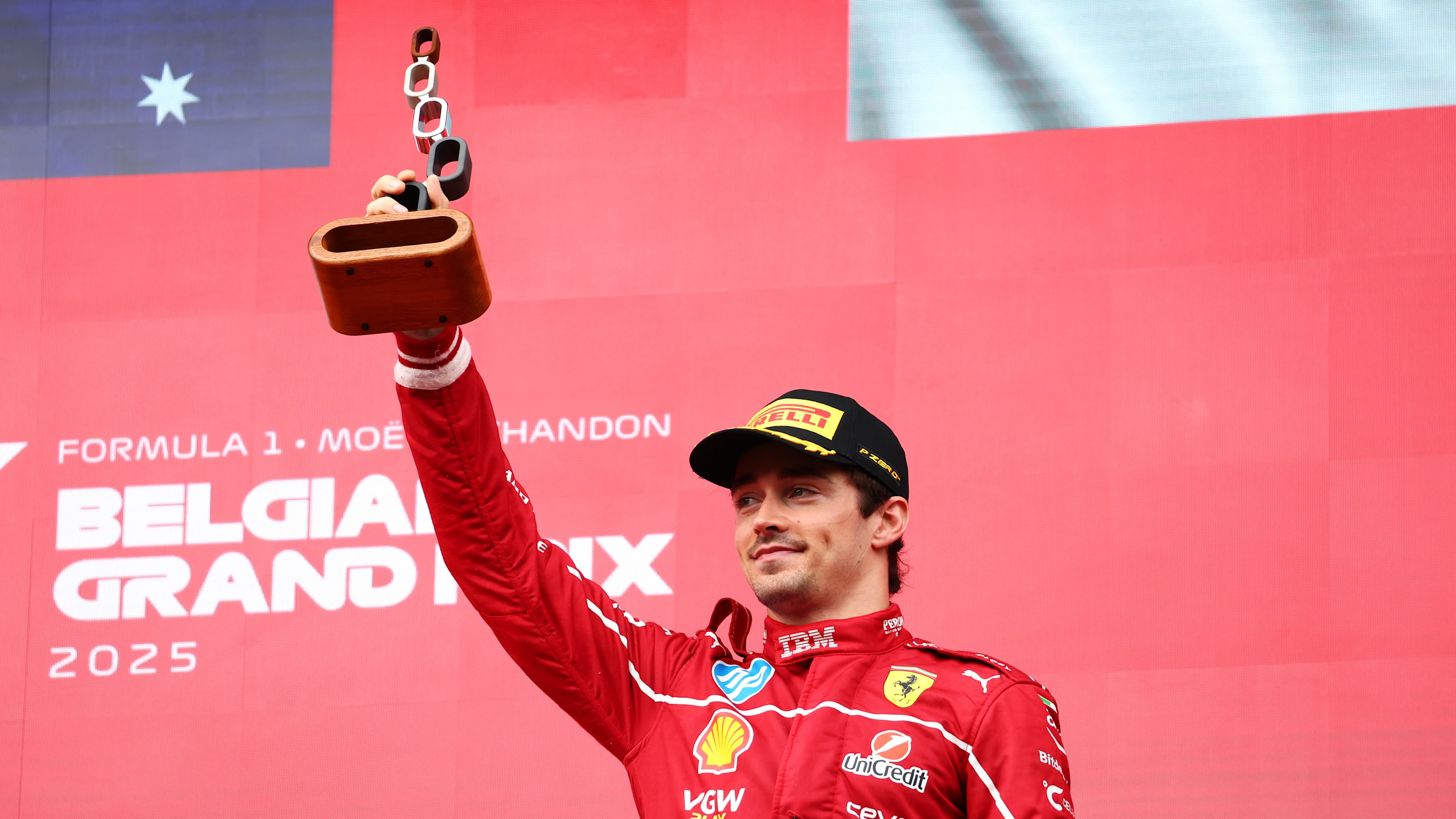 SPA, BELGIUM - JULY 27: Third placed Charles Leclerc of Monaco and Scuderia Ferrari celebrates on