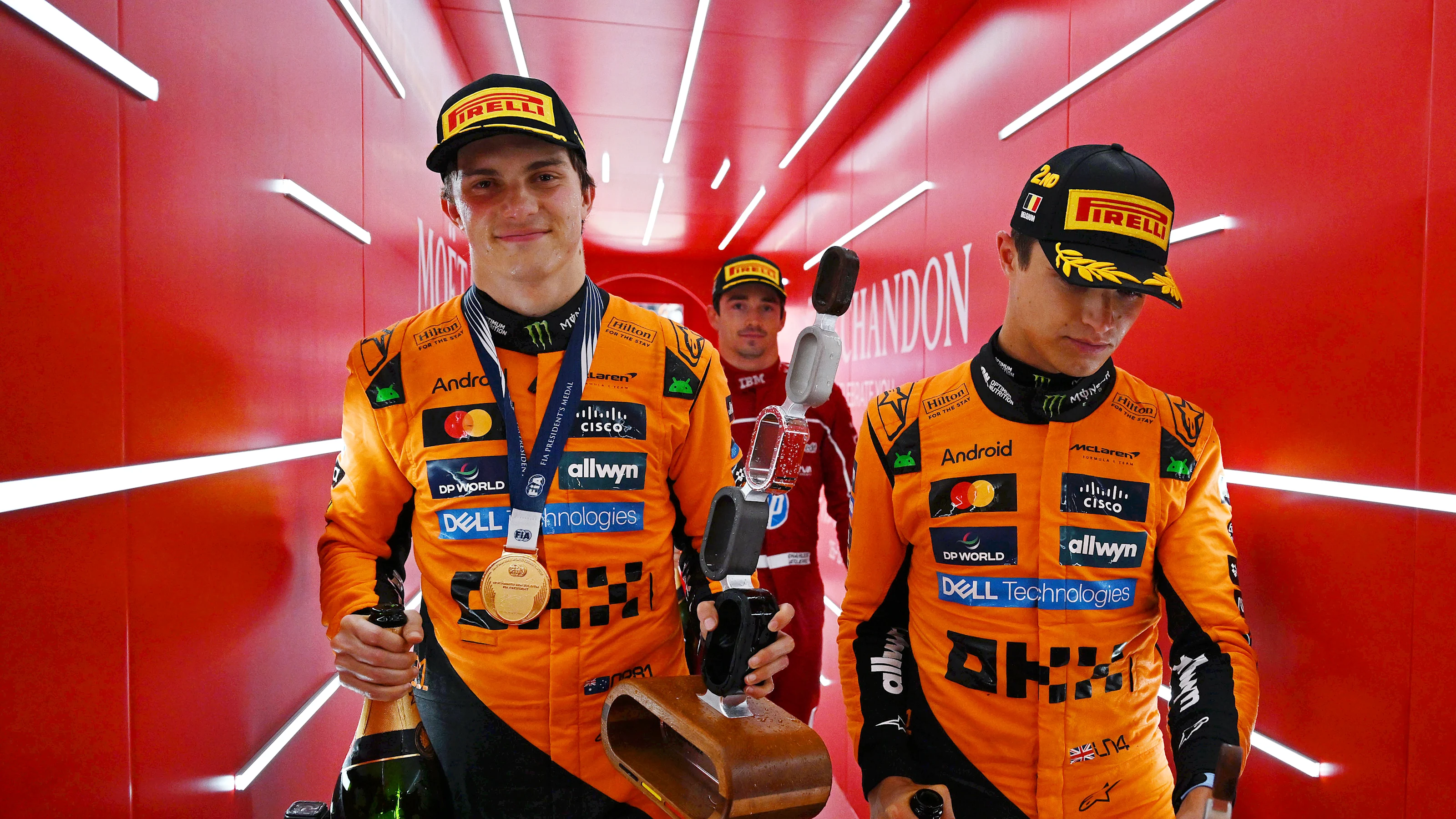 SPA, BELGIUM - JULY 27: Race winner Oscar Piastri of Australia and McLaren Second placed Lando