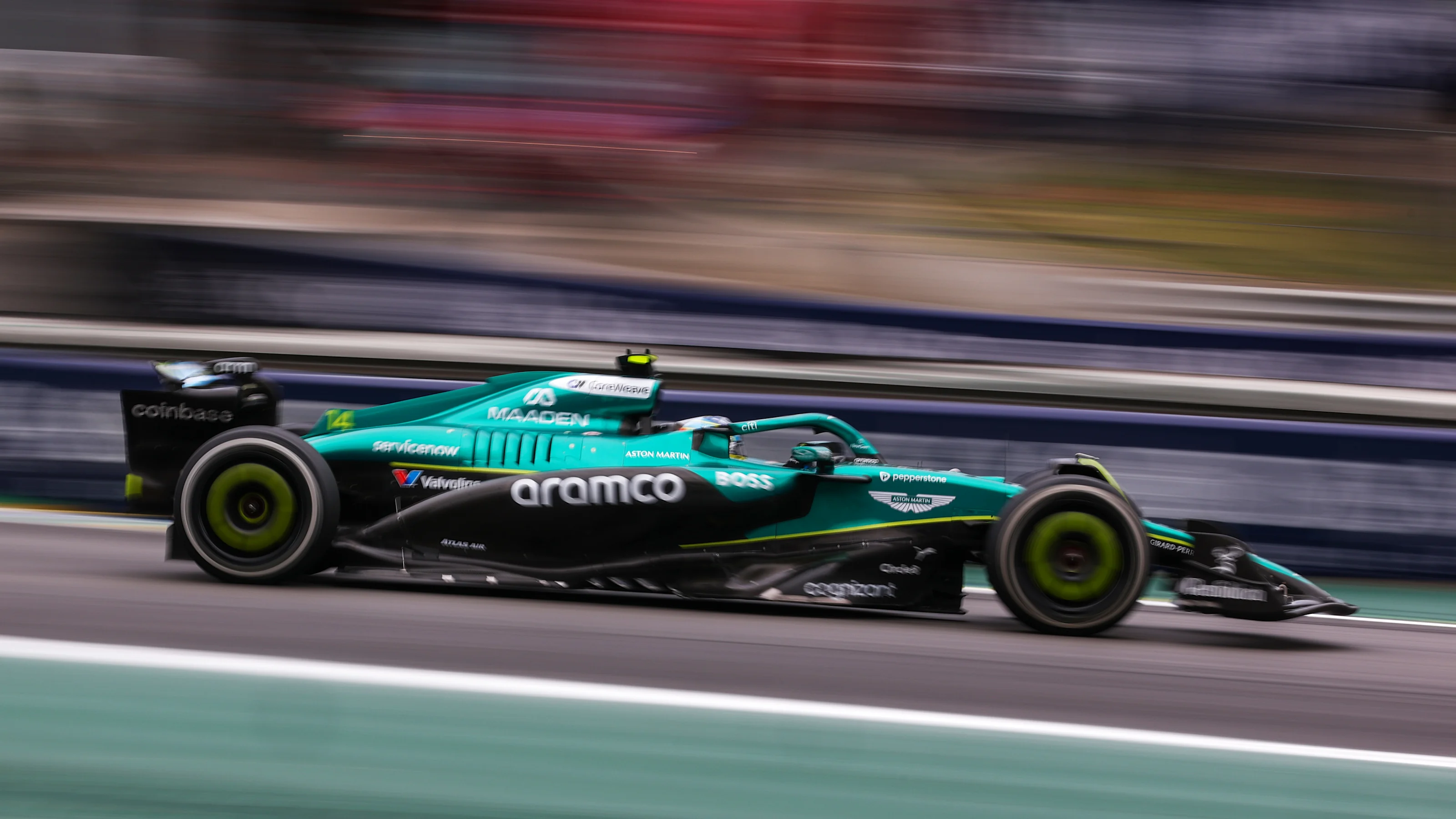 SAO PAULO, BRAZIL - NOVEMBER 09: Fernando Alonso of Spain driving the (14) Aston Martin F1 Team