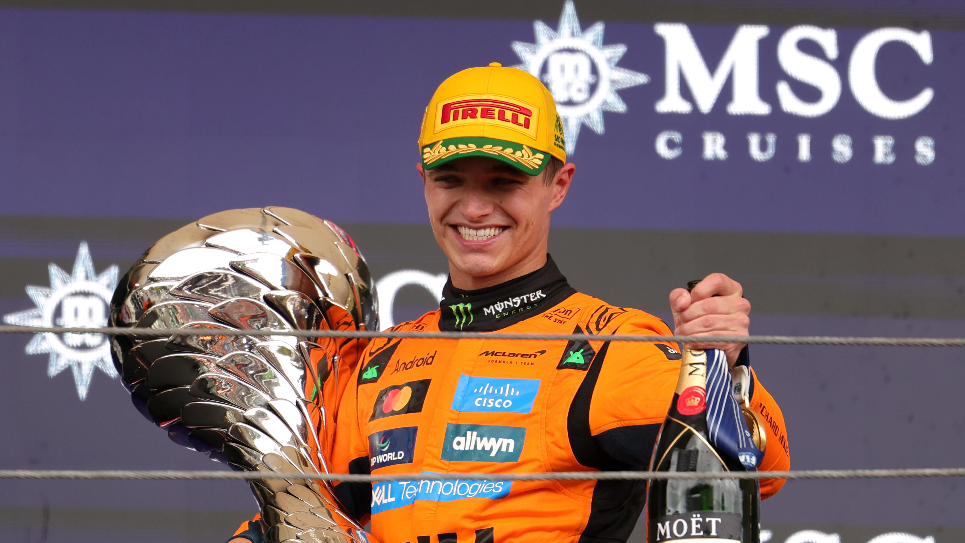 SAO PAULO, BRAZIL - NOVEMBER 09: Race winner Lando Norris of Great Britain and McLaren leaves the