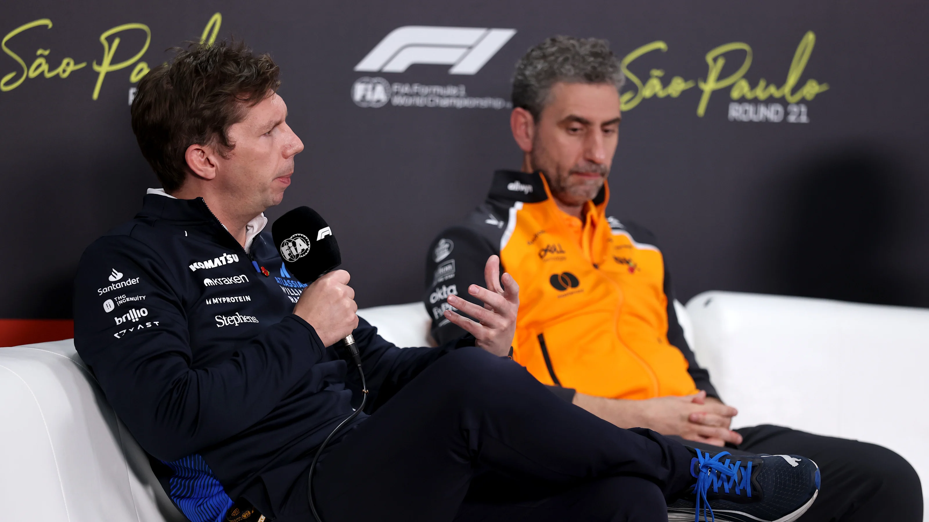 SAO PAULO, BRAZIL - NOVEMBER 07: James Vowles, Team Principal of Williams and Andrea Stella, Team