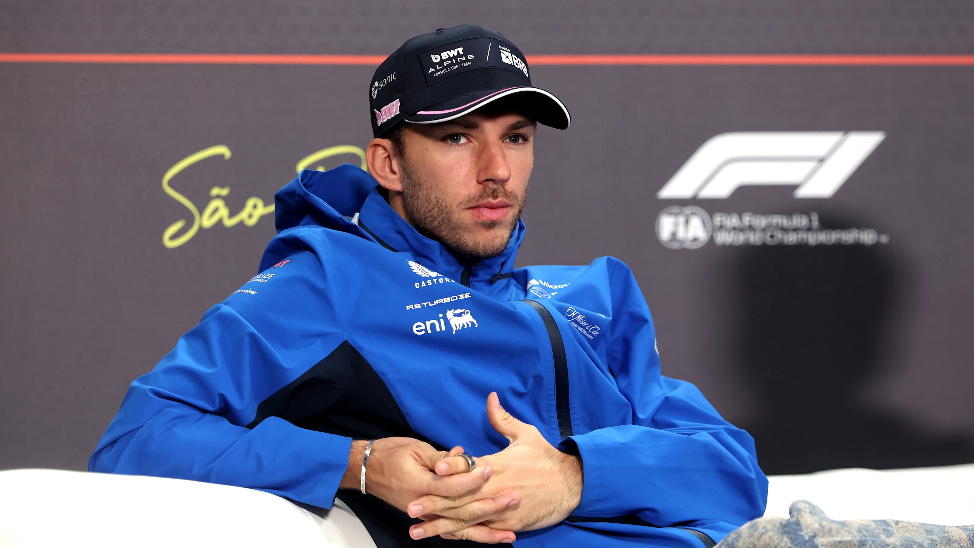 SAO PAULO, BRAZIL - NOVEMBER 06: Pierre Gasly of France and Alpine F1 looks on in the Drivers Press