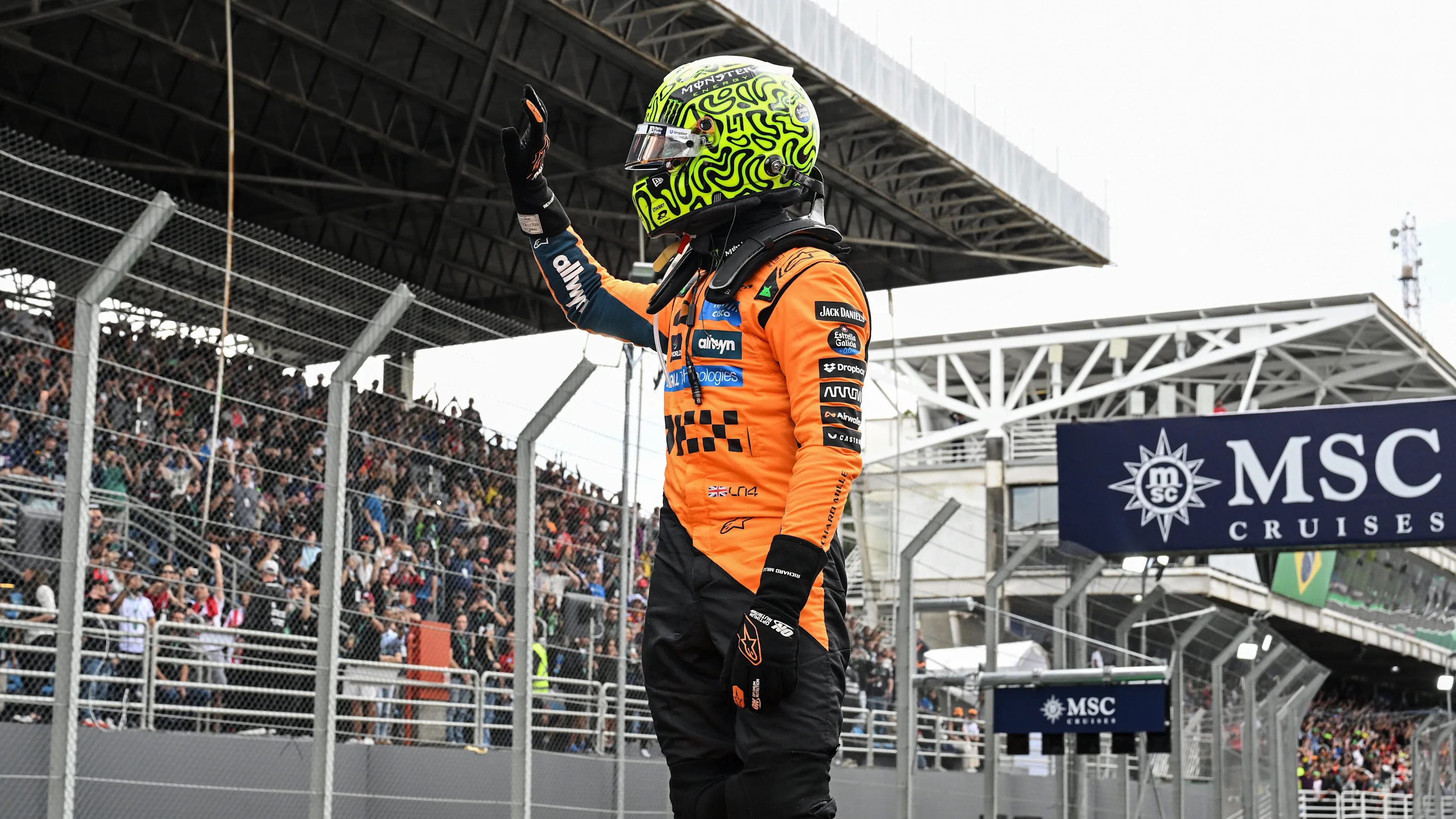SAO PAULO, BRAZIL - NOVEMBER 08: Sprint winner Lando Norris of Great Britain and McLaren waves from