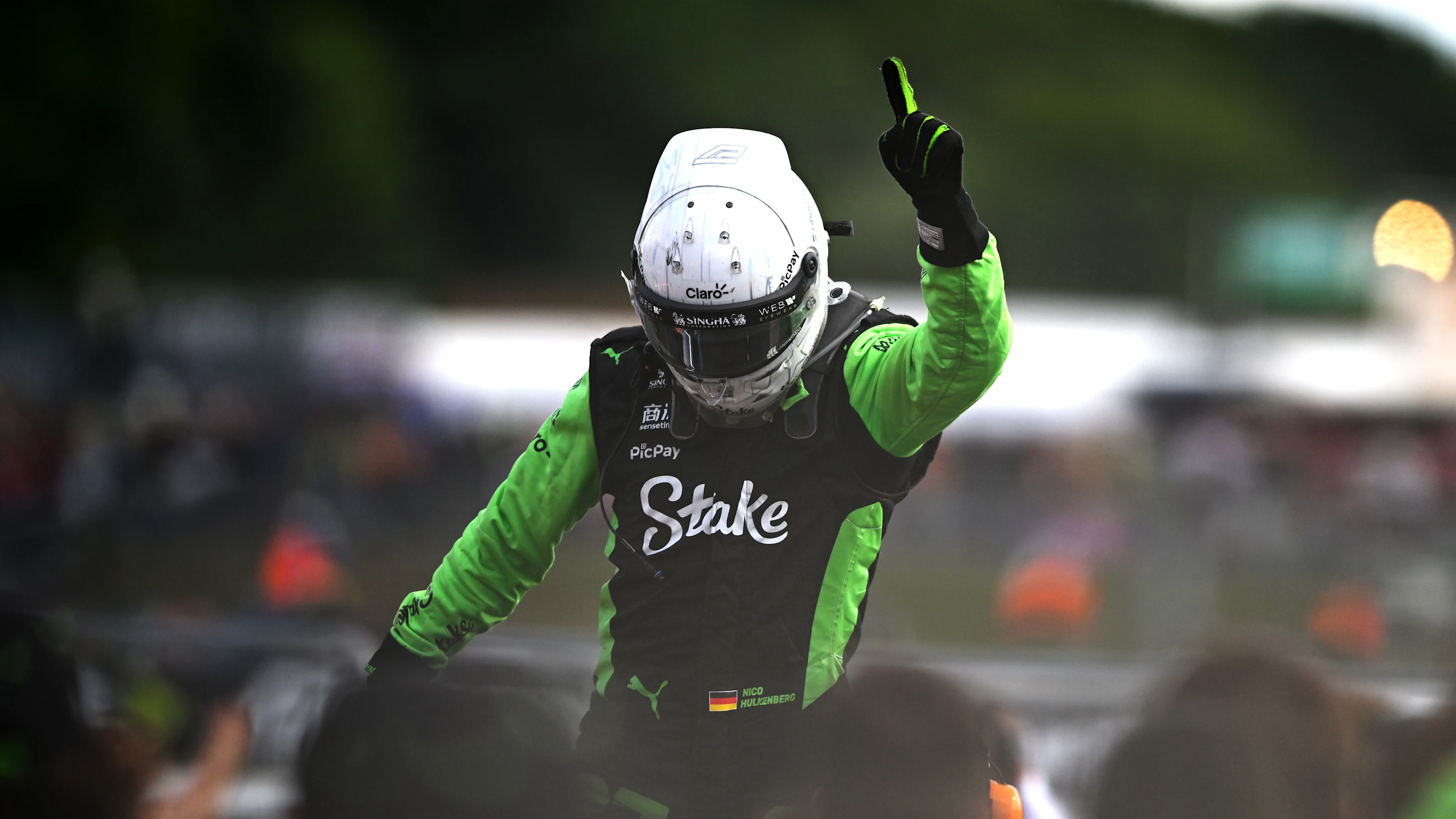 NORTHAMPTON, ENGLAND - JULY 06: Third placed Nico Hulkenberg of Germany and Stake F1 Team Kick