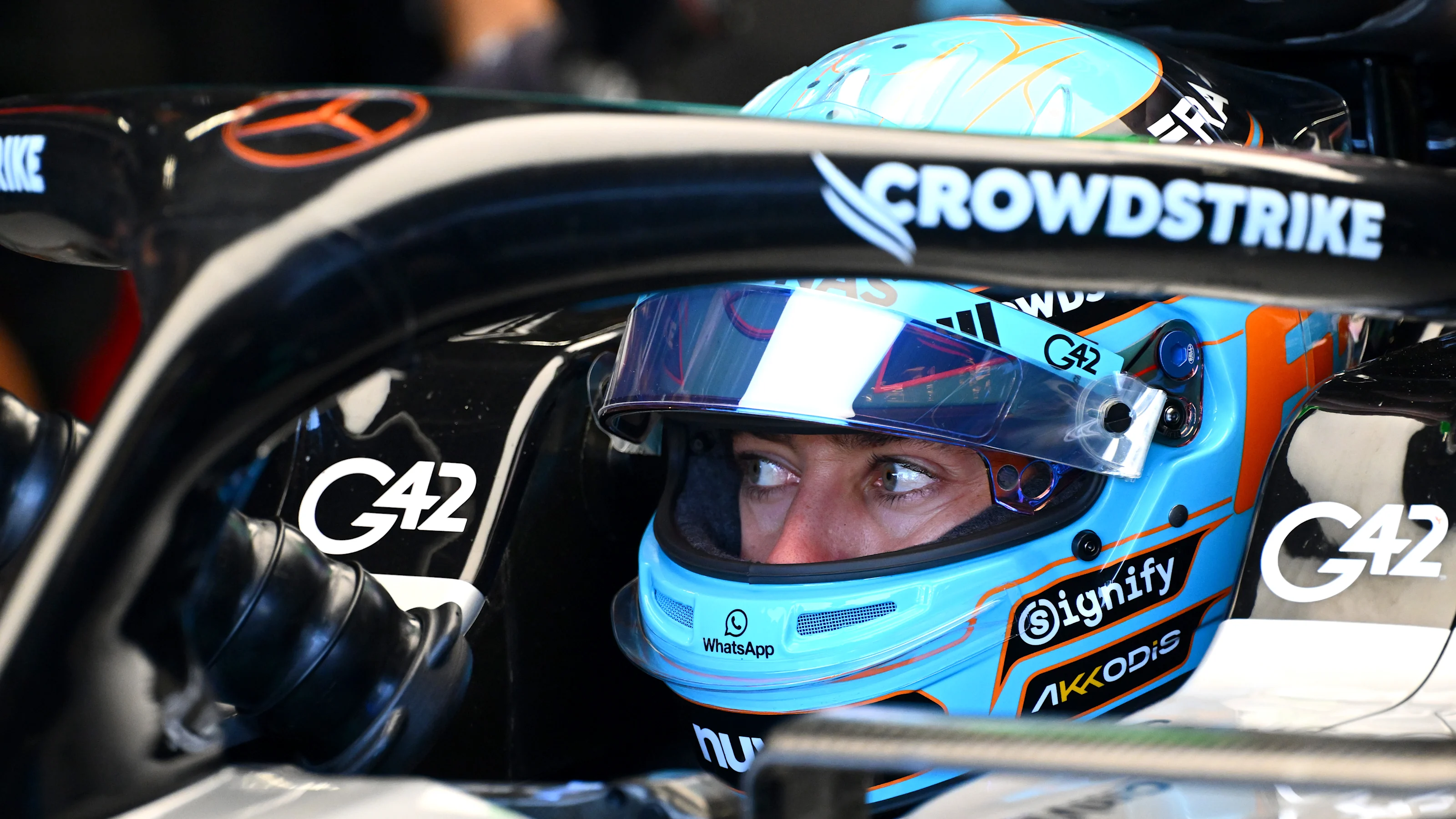 NORTHAMPTON, ENGLAND - JULY 04: George Russell of Great Britain and Mercedes AMG Petronas F1 Team