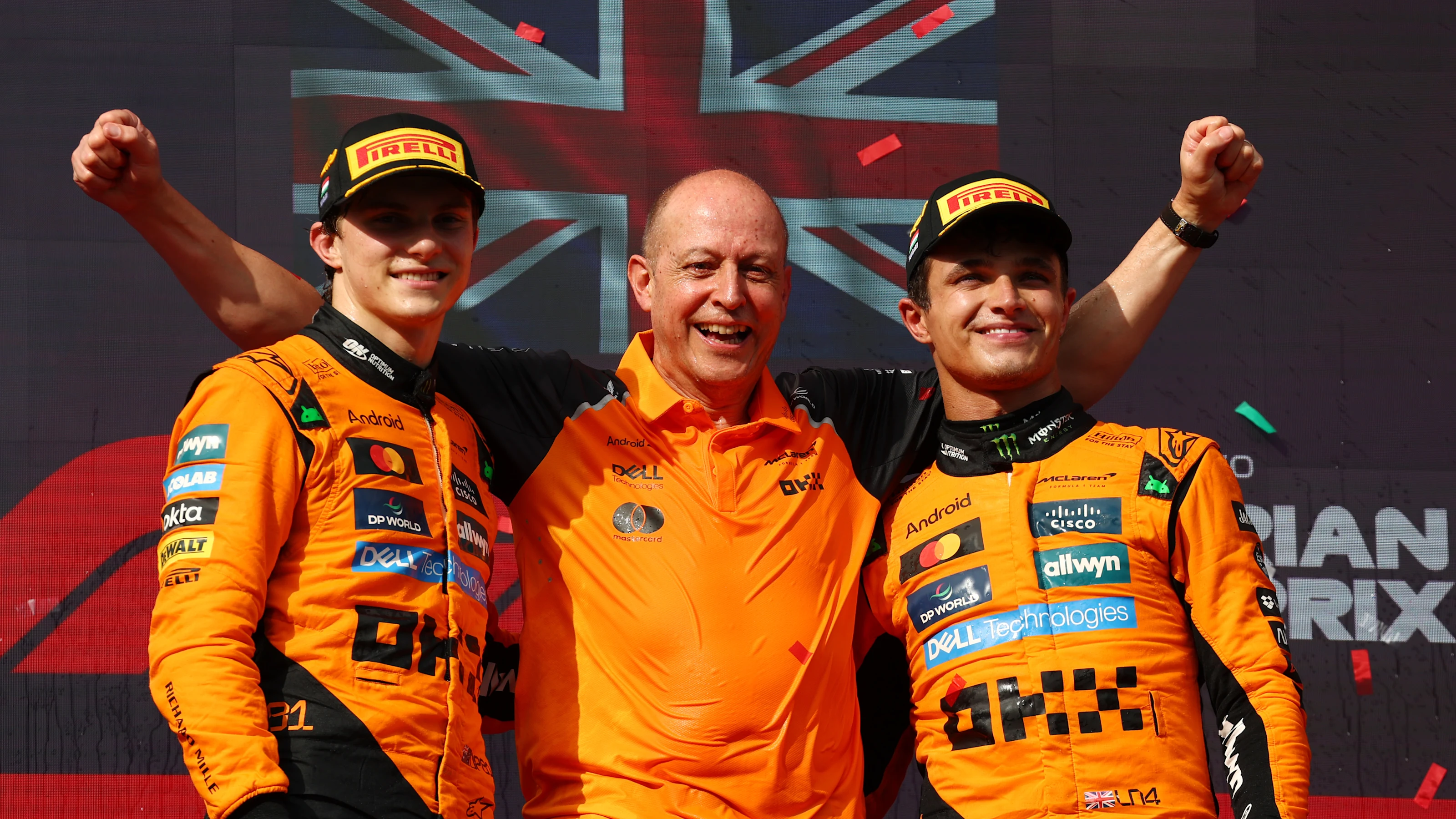 BUDAPEST, HUNGARY - AUGUST 03: Race winner Lando Norris of Great Britain and McLaren Second placed