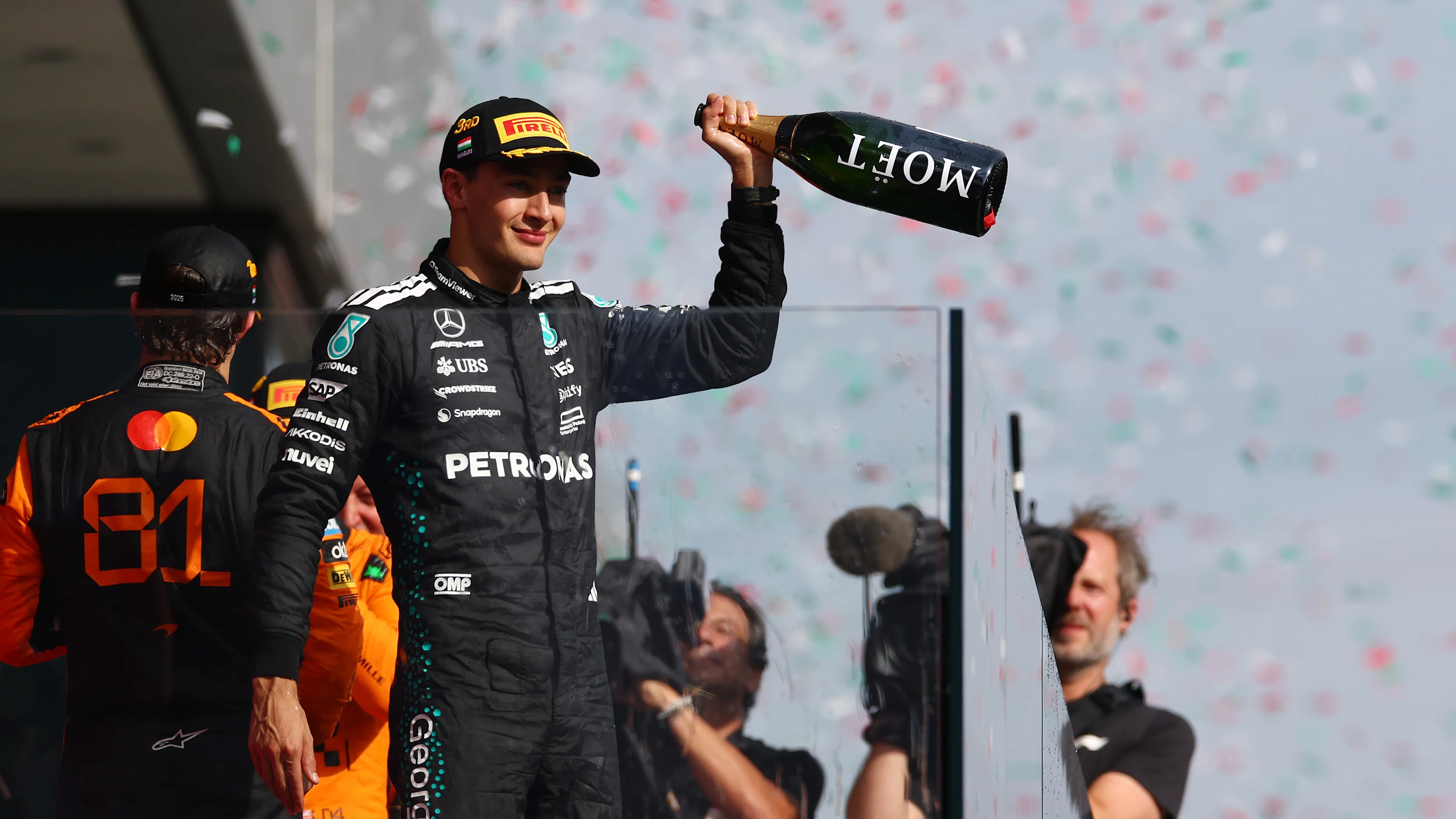 BUDAPEST, HUNGARY - AUGUST 03: Third placed George Russell of Great Britain and Mercedes AMG