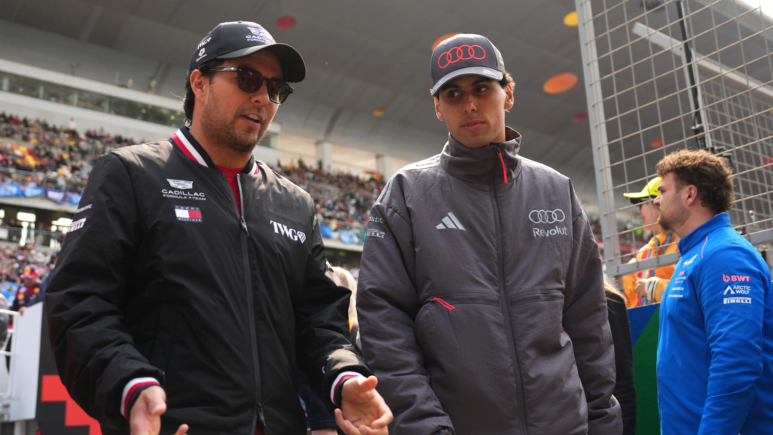 SHANGHAI, CHINA - MARCH 15: Sergio Perez of Mexico and Cadillac F1 Team and Gabriel Bortoleto of