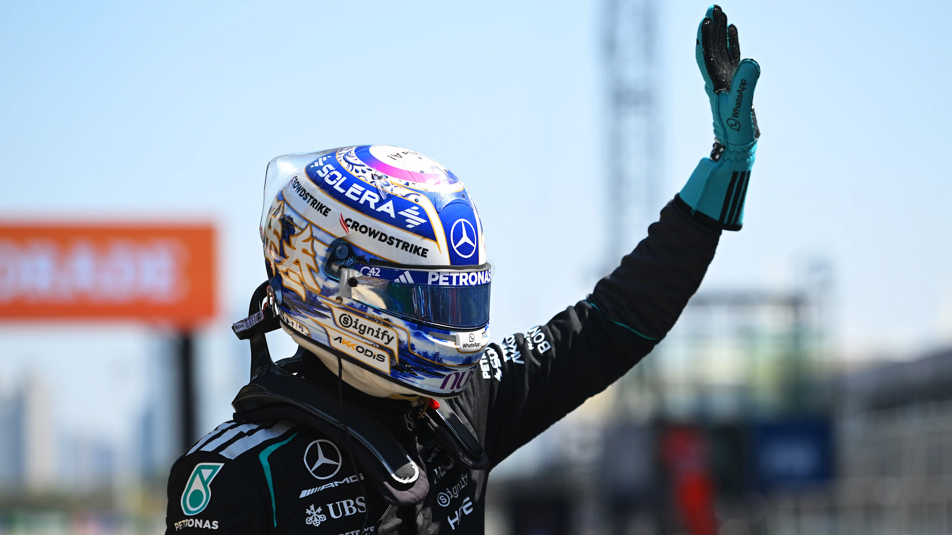SHANGHAI, CHINA - MARCH 14: Sprint winner George Russell of Great Britain and Mercedes AMG Petronas