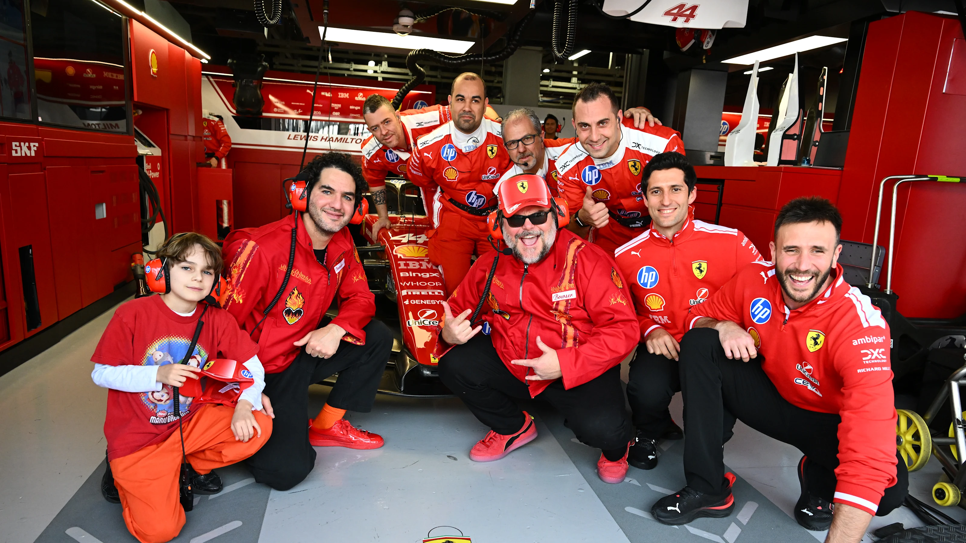 SUZUKA, JAPAN - MARCH 29: Jack Black and Benny Safdie visit the Ferrari garage prior to the F1