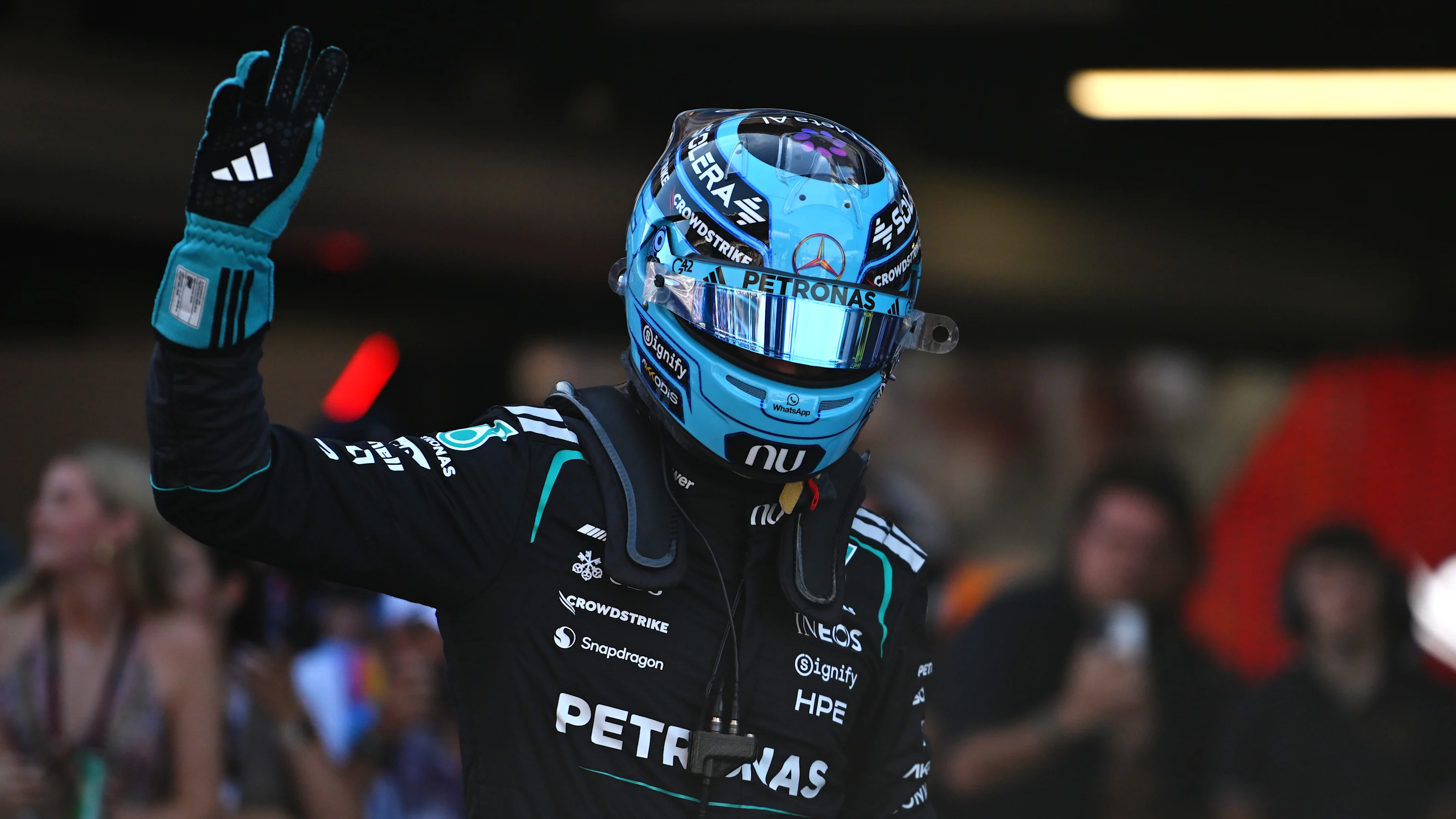 BARCELONA, SPAIN - JUNE 13: Pole position qualifier George Russell of Great Britain and Mercedes