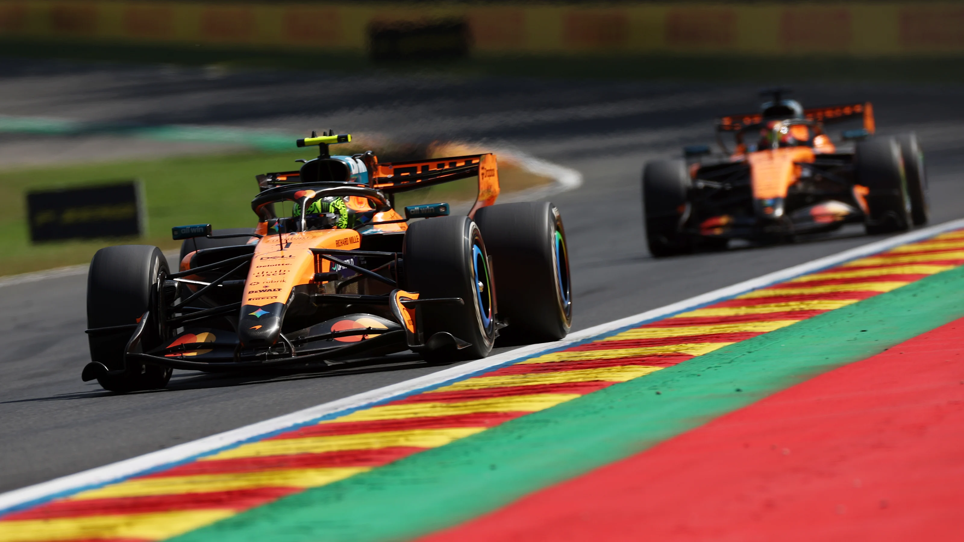 SPA, BELGIUM - JULY 19: Lando Norris of Great Britain driving the (1) McLaren MCL40 Mercedes leads