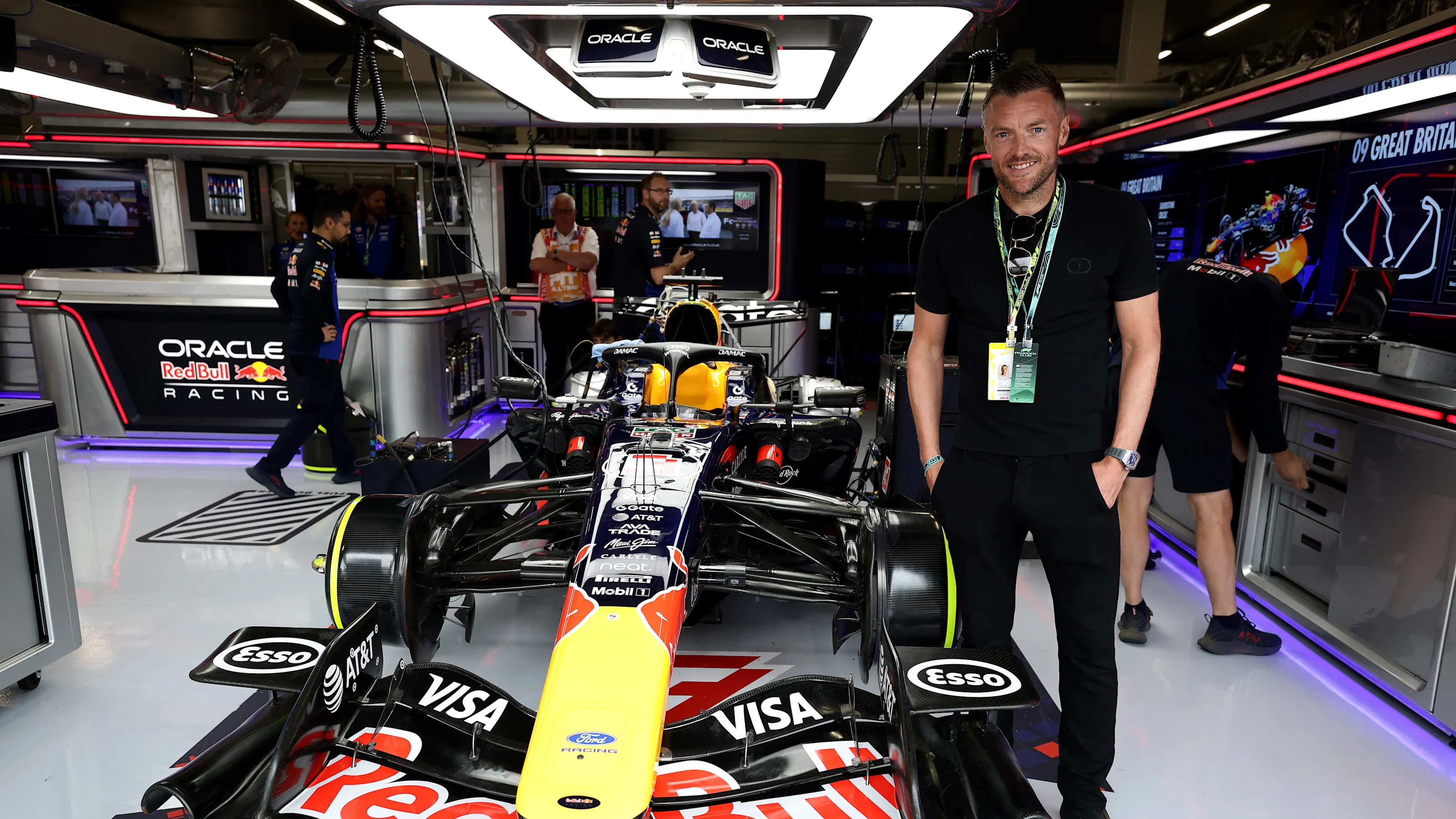 NORTHAMPTON, ENGLAND - JULY 05: Jamie Vardy visits the Oracle Red Bull Racing garage prior to the