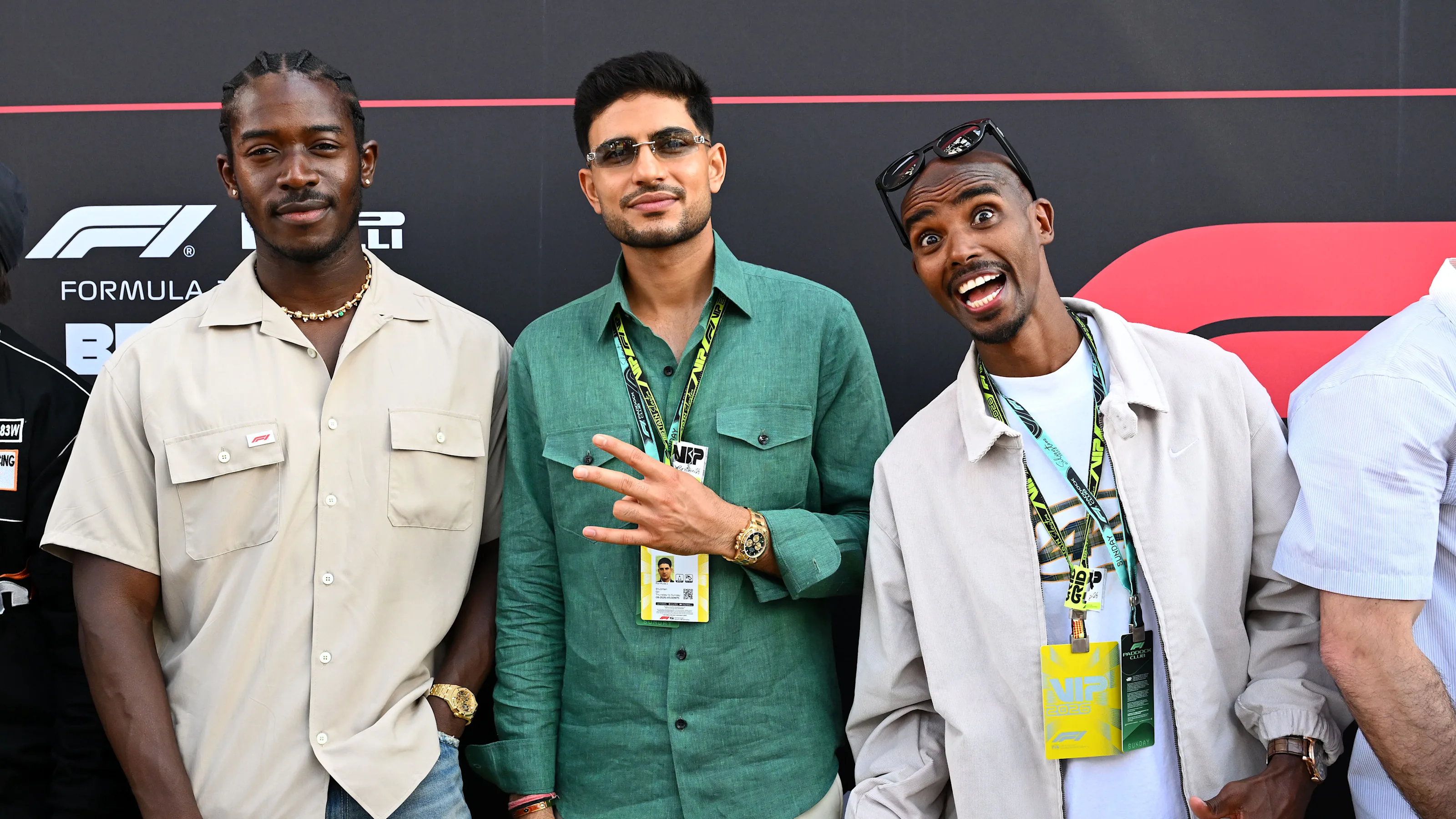 NORTHAMPTON, ENGLAND - JULY 05: Damson Idris, Shubman Gill and Mo Farah on the grid during the F1