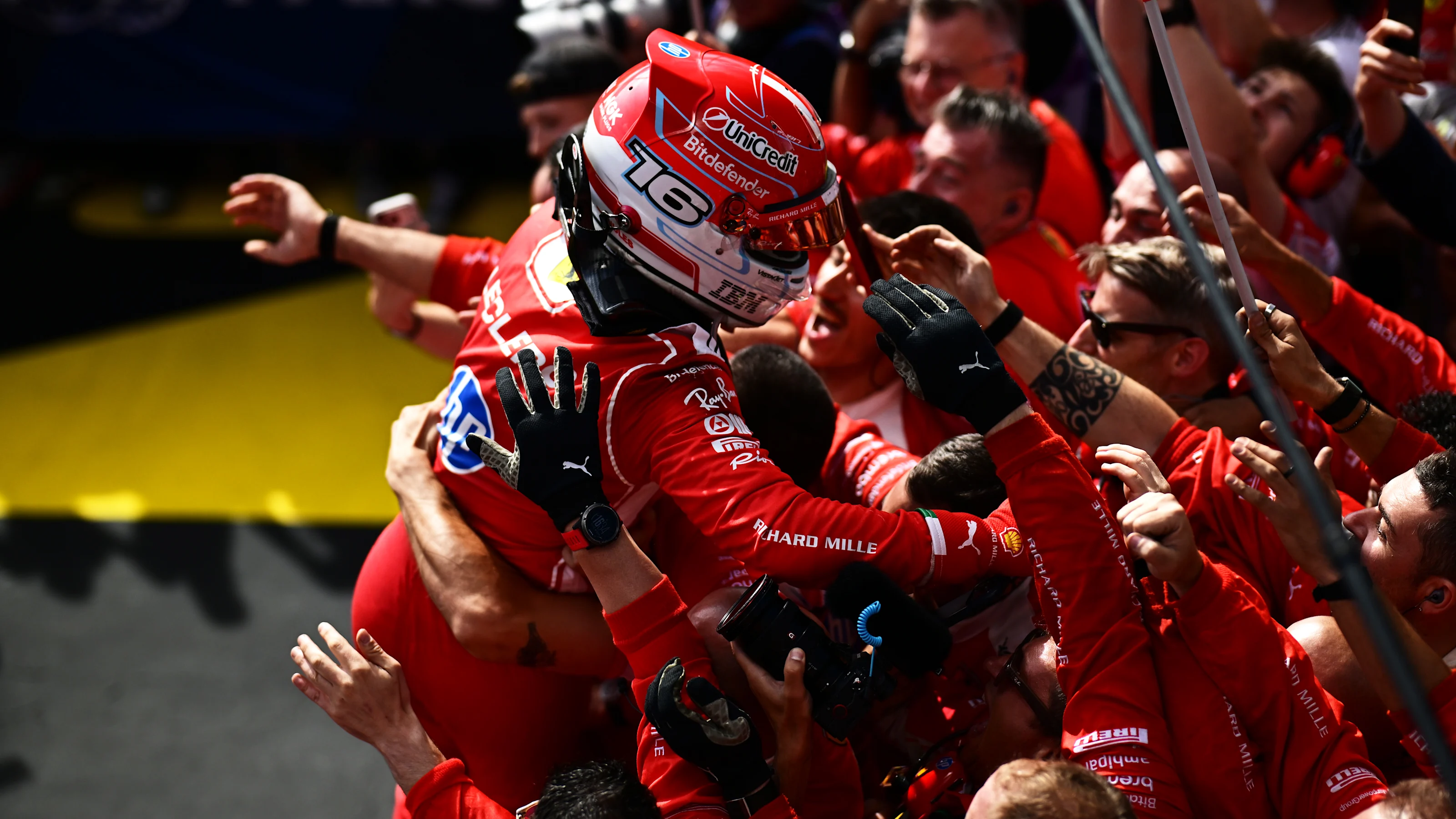 NORTHAMPTON, ENGLAND - JULY 05: Race winner Charles Leclerc of Monaco and Scuderia Ferrari