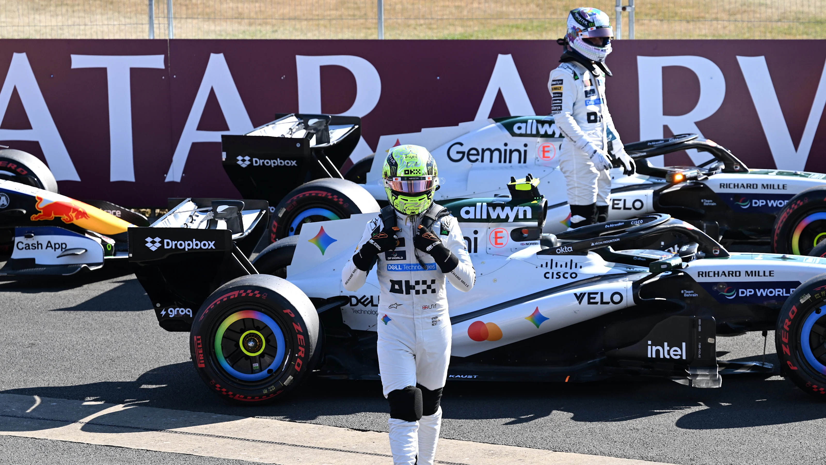 NORTHAMPTON, ENGLAND - JULY 03: Lando Norris of Great Britain and McLaren and Oscar Piastri of