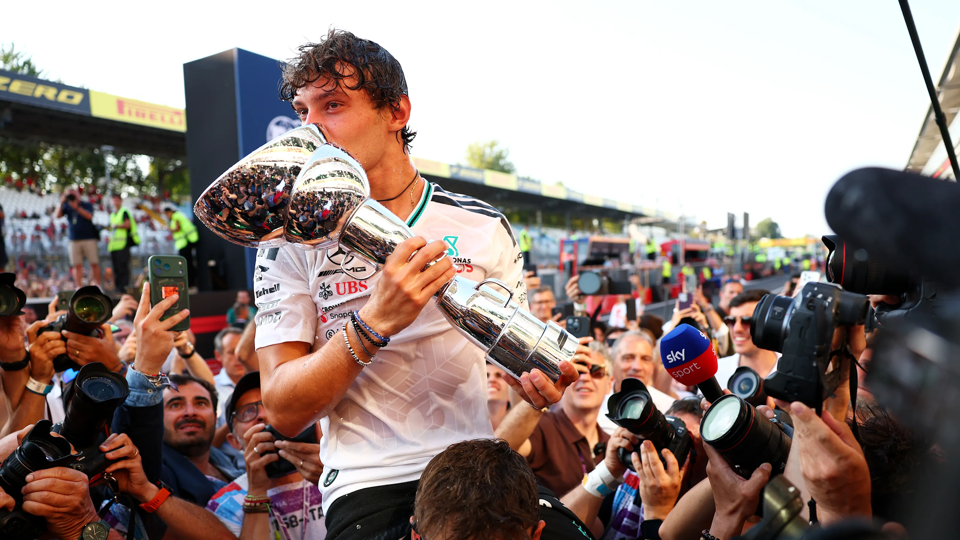 MONZA, ITALY - SEPTEMBER 06: Race winner Andrea Kimi Antonelli of Italy and Mercedes AMG Petronas