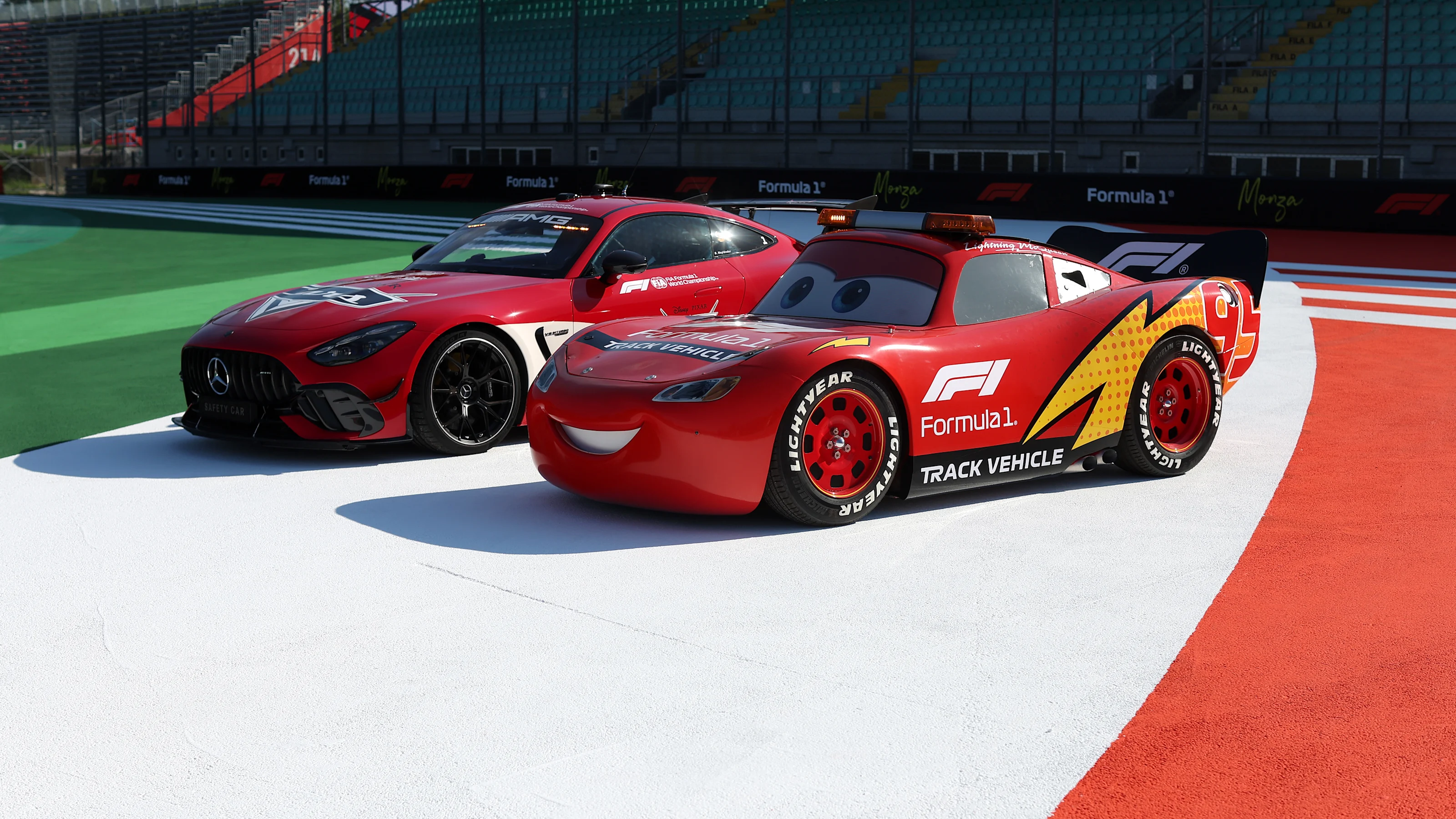 MONZA, ITALY - SEPTEMBER 03: Cars and Lightning McQueen liveried Track Vehicles on track during