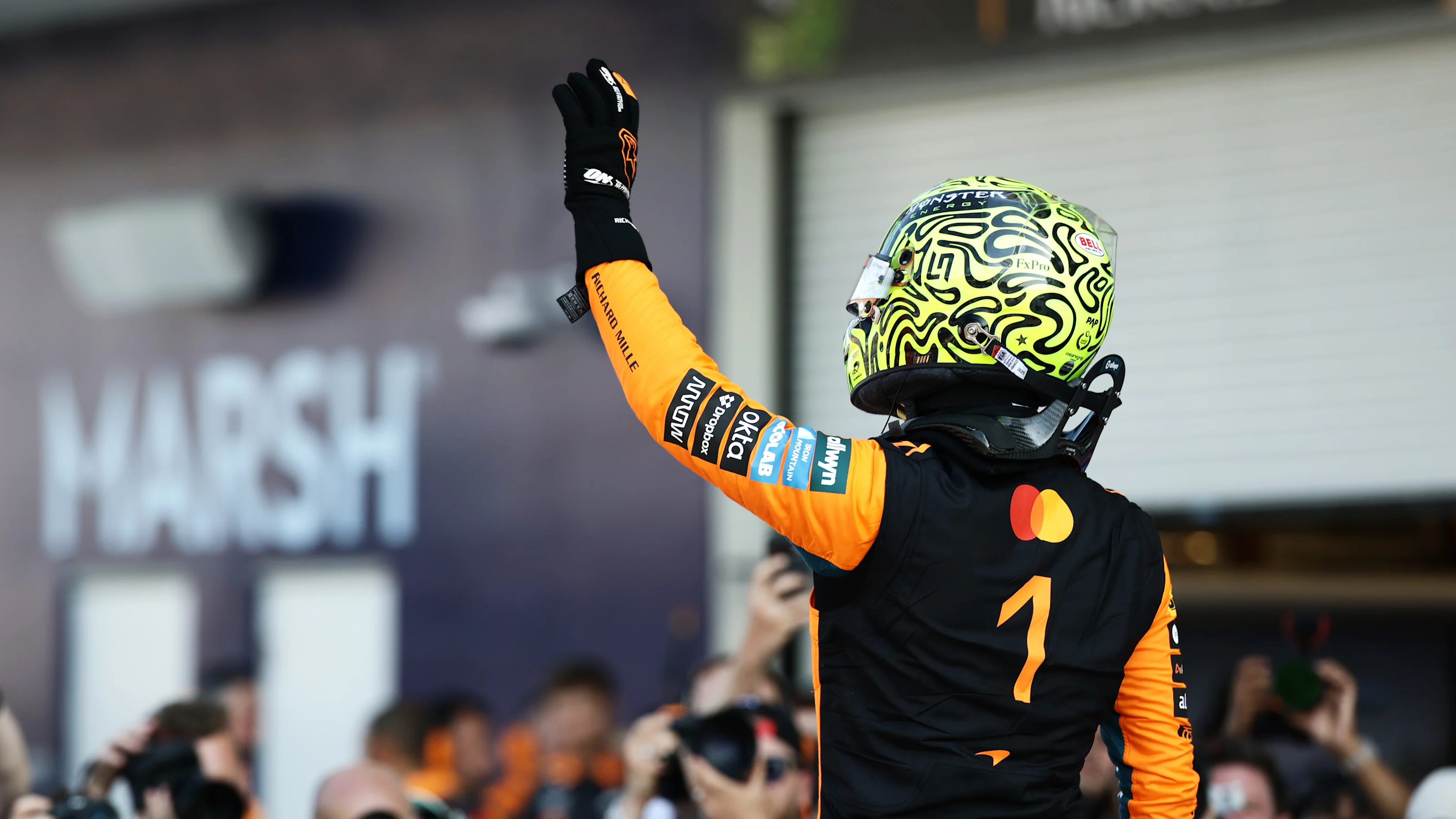 MIAMI, FLORIDA - MAY 01: Sprint Pole qualifier Lando Norris of Great Britain and McLaren celebrates