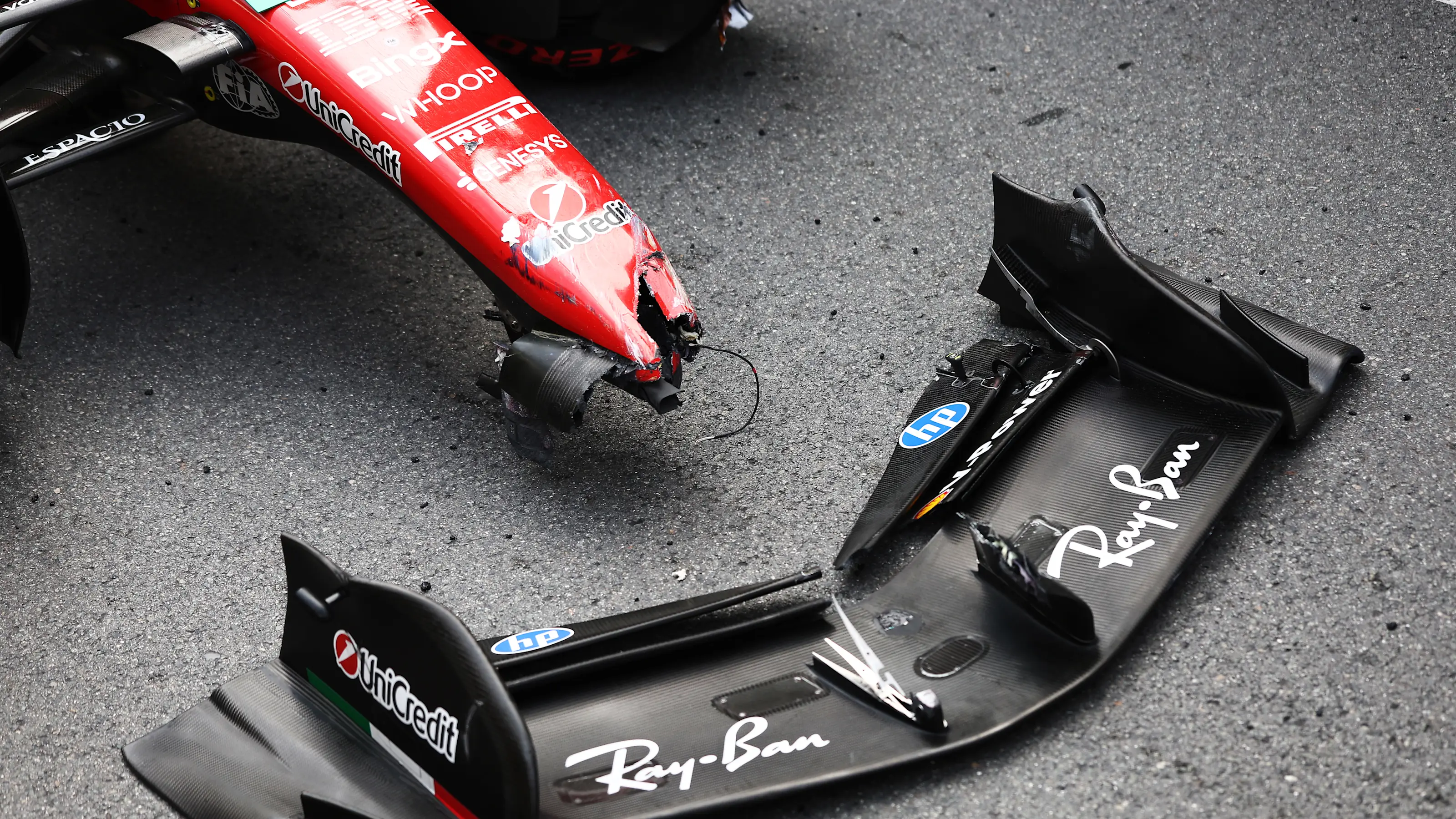 MONTE-CARLO, MONACO - JUNE 07: The damaged car of Charles Leclerc of Monaco and Scuderia Ferrari