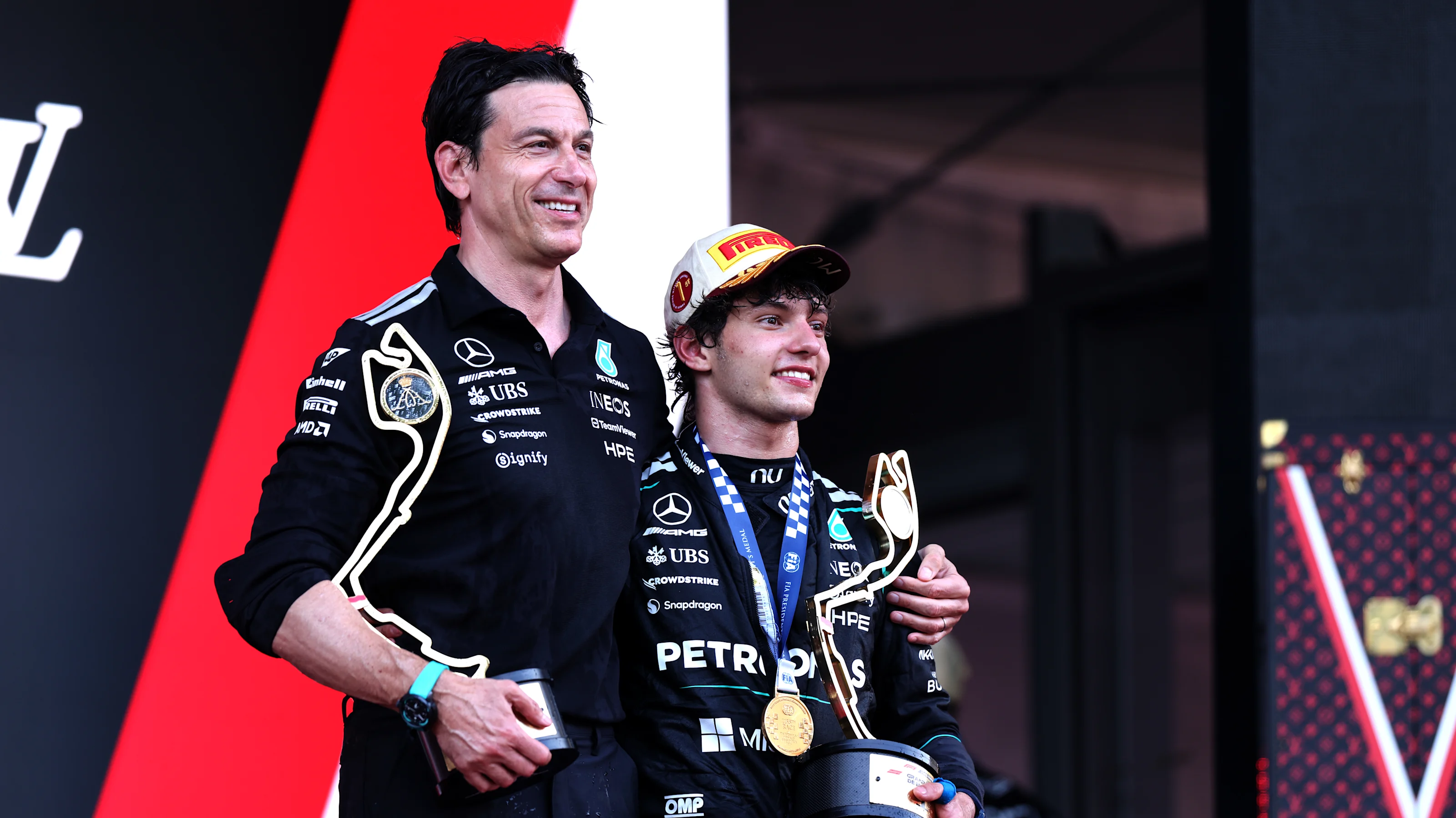 MONTE-CARLO, MONACO - JUNE 07: Race winner Andrea Kimi Antonelli of Italy and Mercedes AMG Petronas
