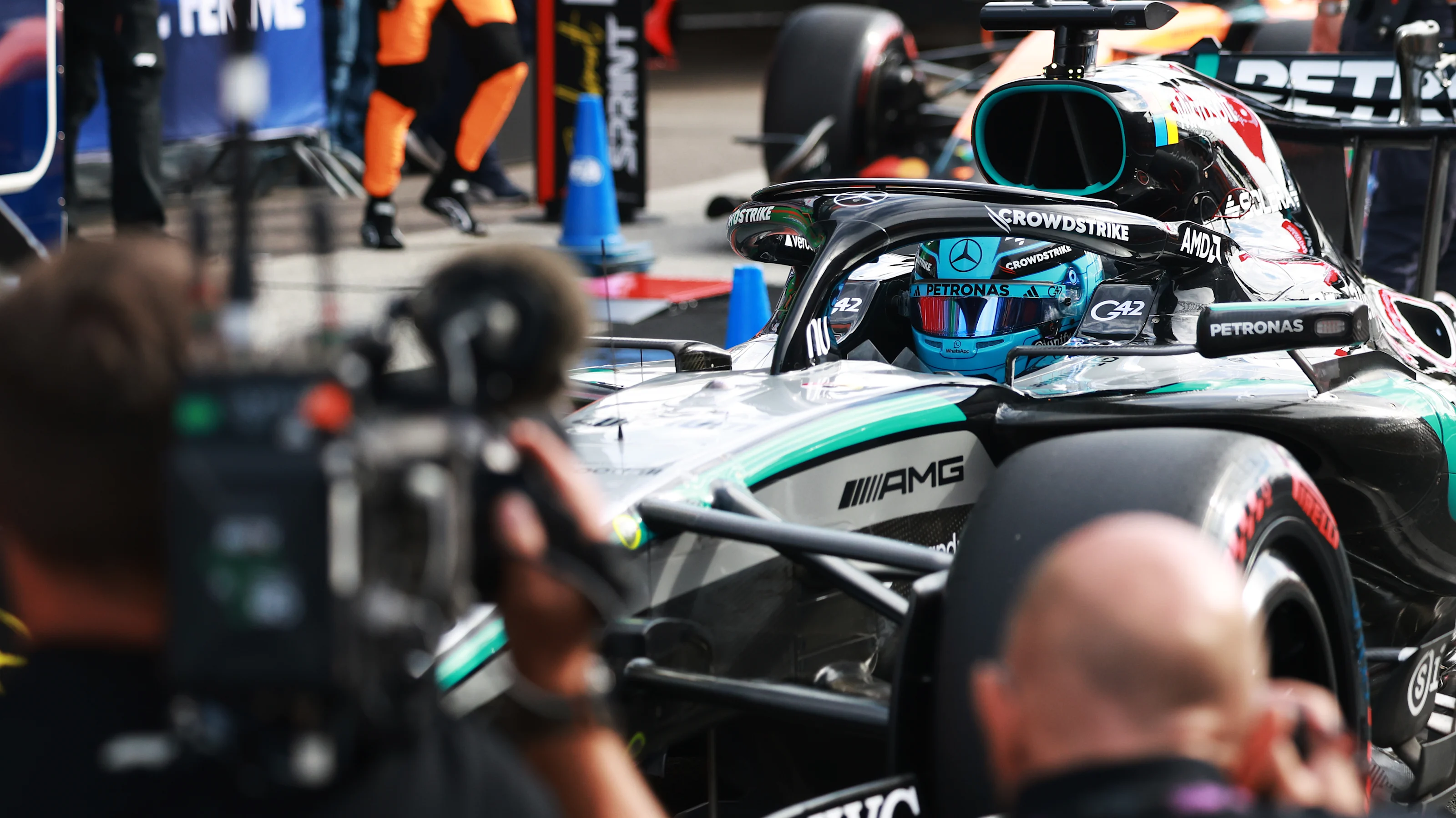 ZANDVOORT, NETHERLANDS - AUGUST 21: Sprint Pole qualifier George Russell of Great Britain and