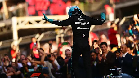 BAKU, AZERBAIJAN - SEPTEMBER 26: Race winner George Russell of Great Britain and Mercedes AMG