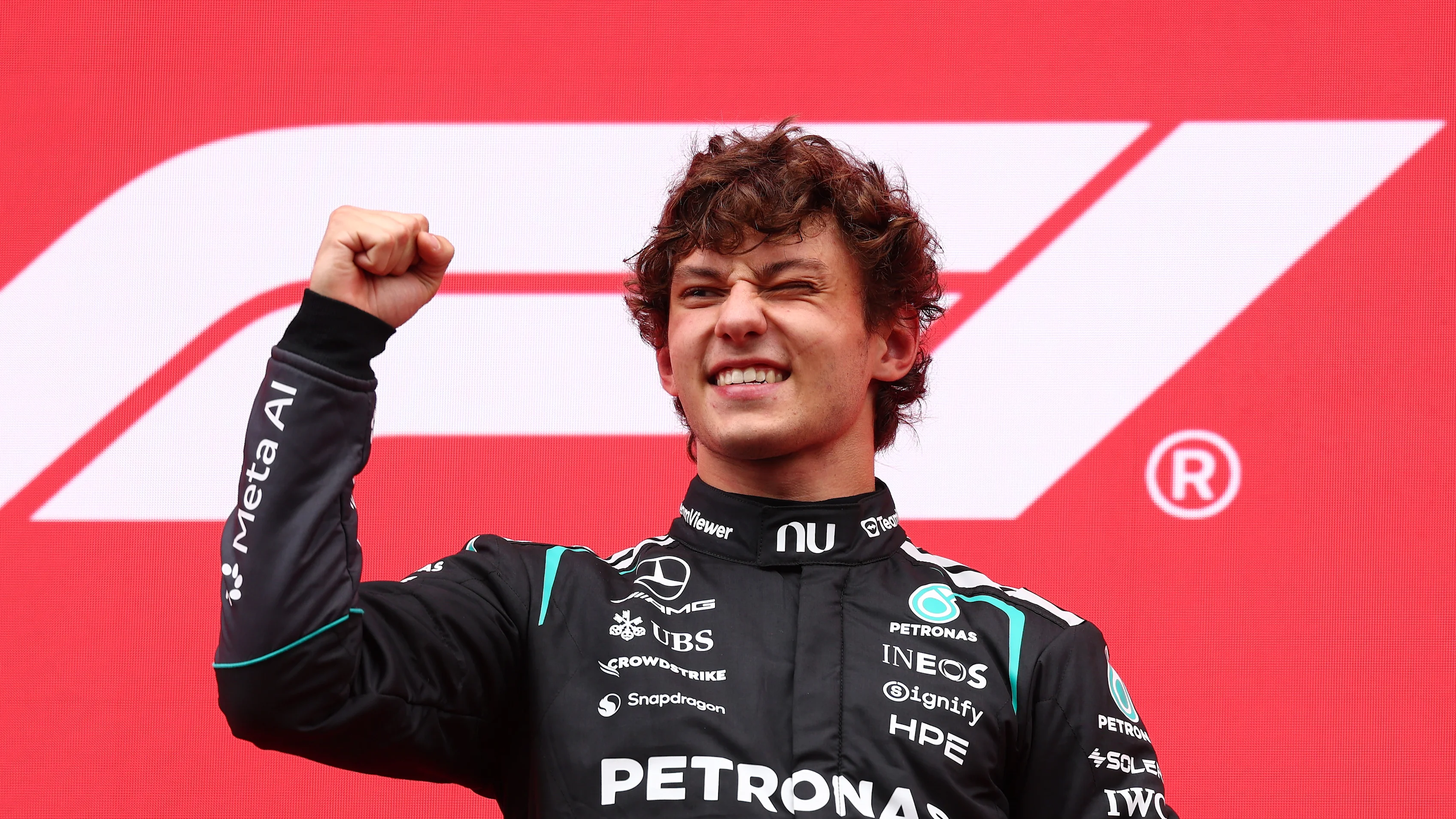 Kimi Antonelli celebrates victory for Mercedes after winning the 2026 Belgian Grand Prix at Spa-Francorchamps