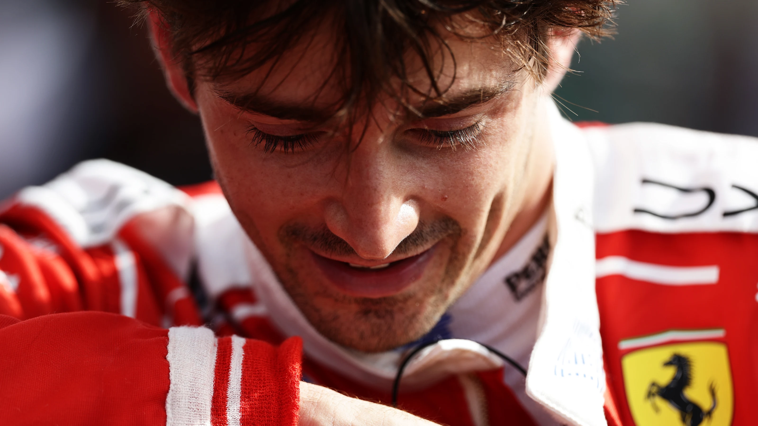 NORTHAMPTON, ENGLAND - JULY 05: Race winner Charles Leclerc of Monaco and Scuderia Ferrari looks on