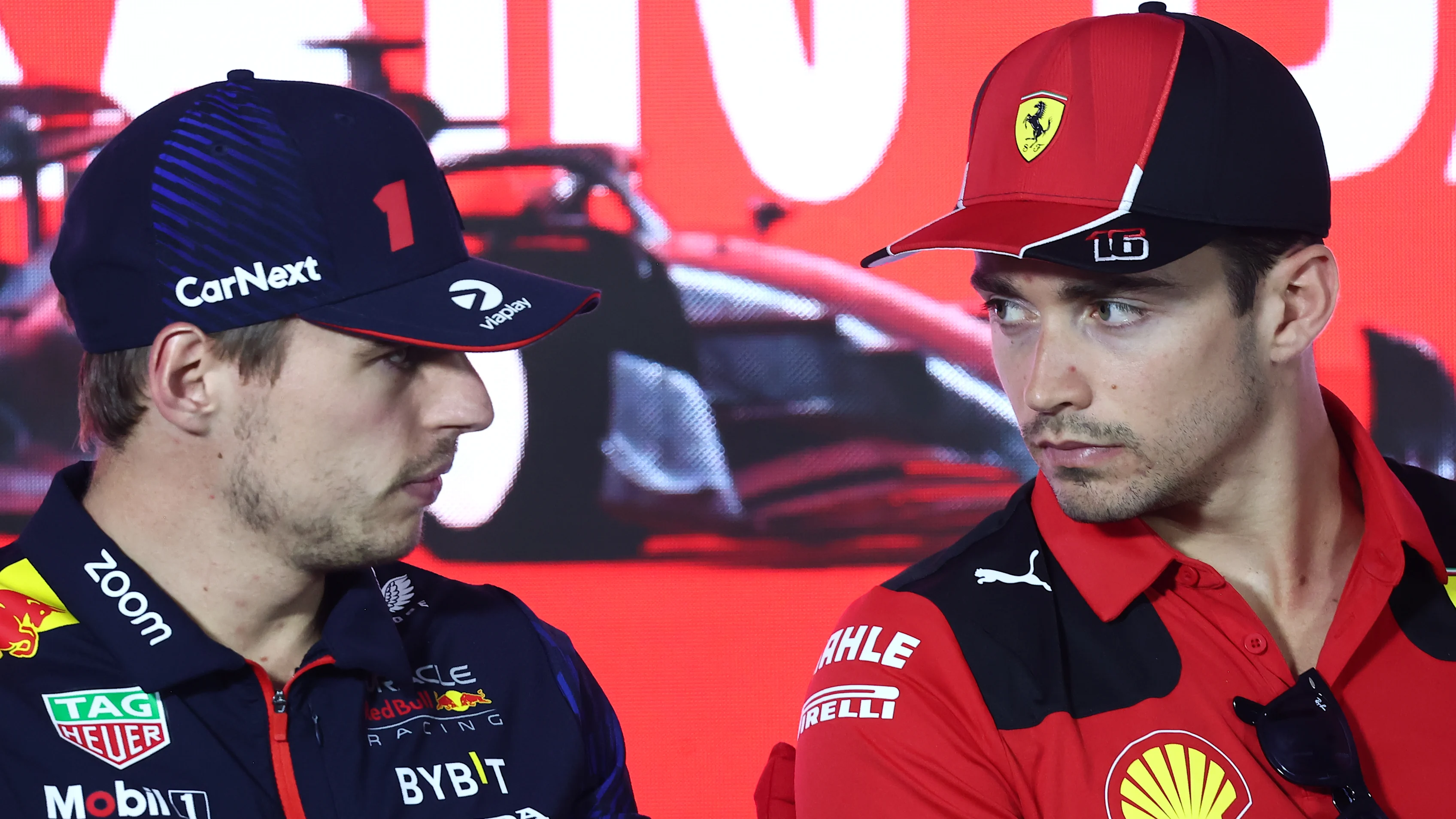 Max Verstappen of Red Bull Racing and Charles Leclerc of Ferrari during the press conference ahead