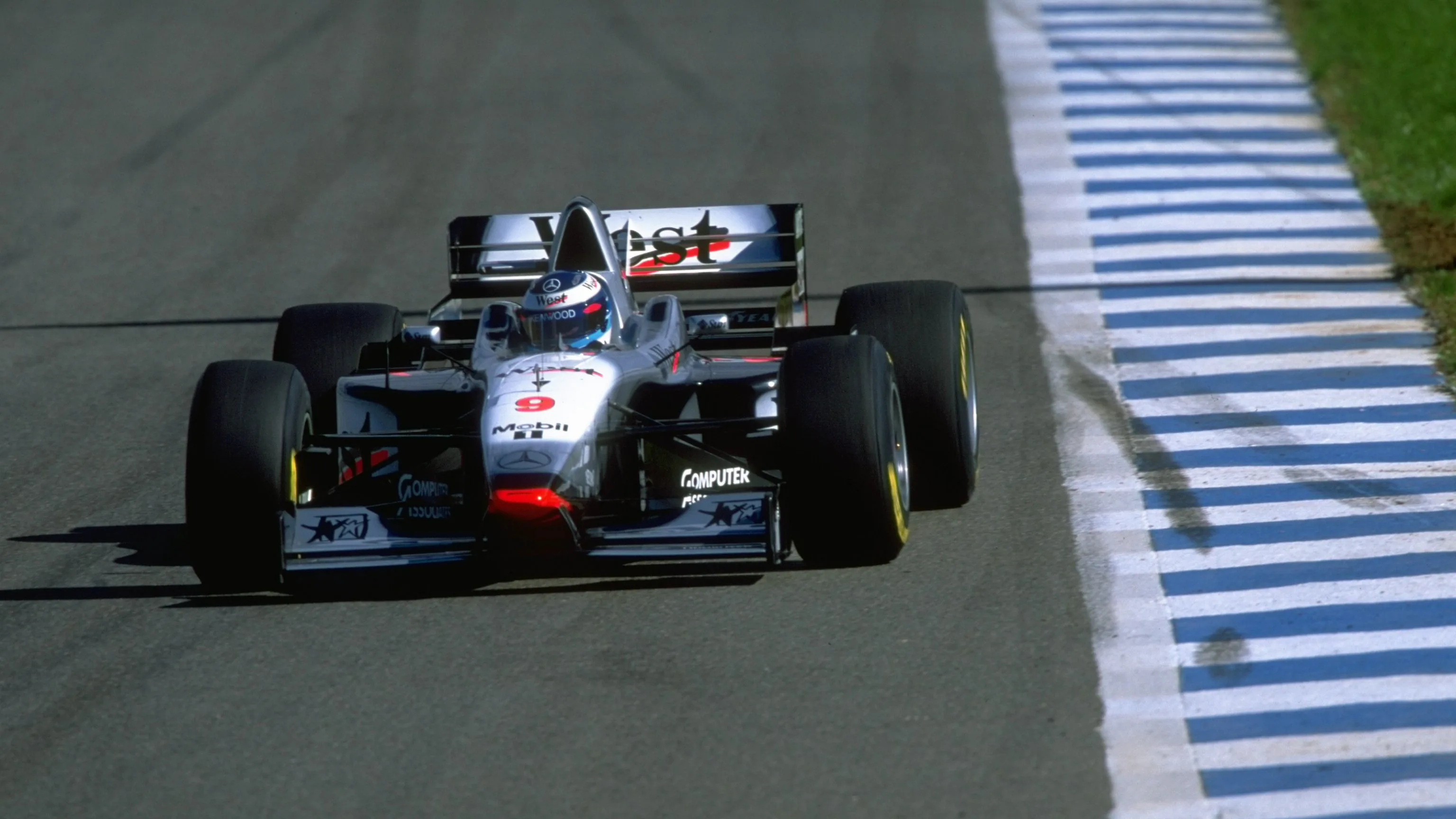 24 Oct 1997: Mika Hakkinen of Finland driving his McLaren-Mercedes during practise for the