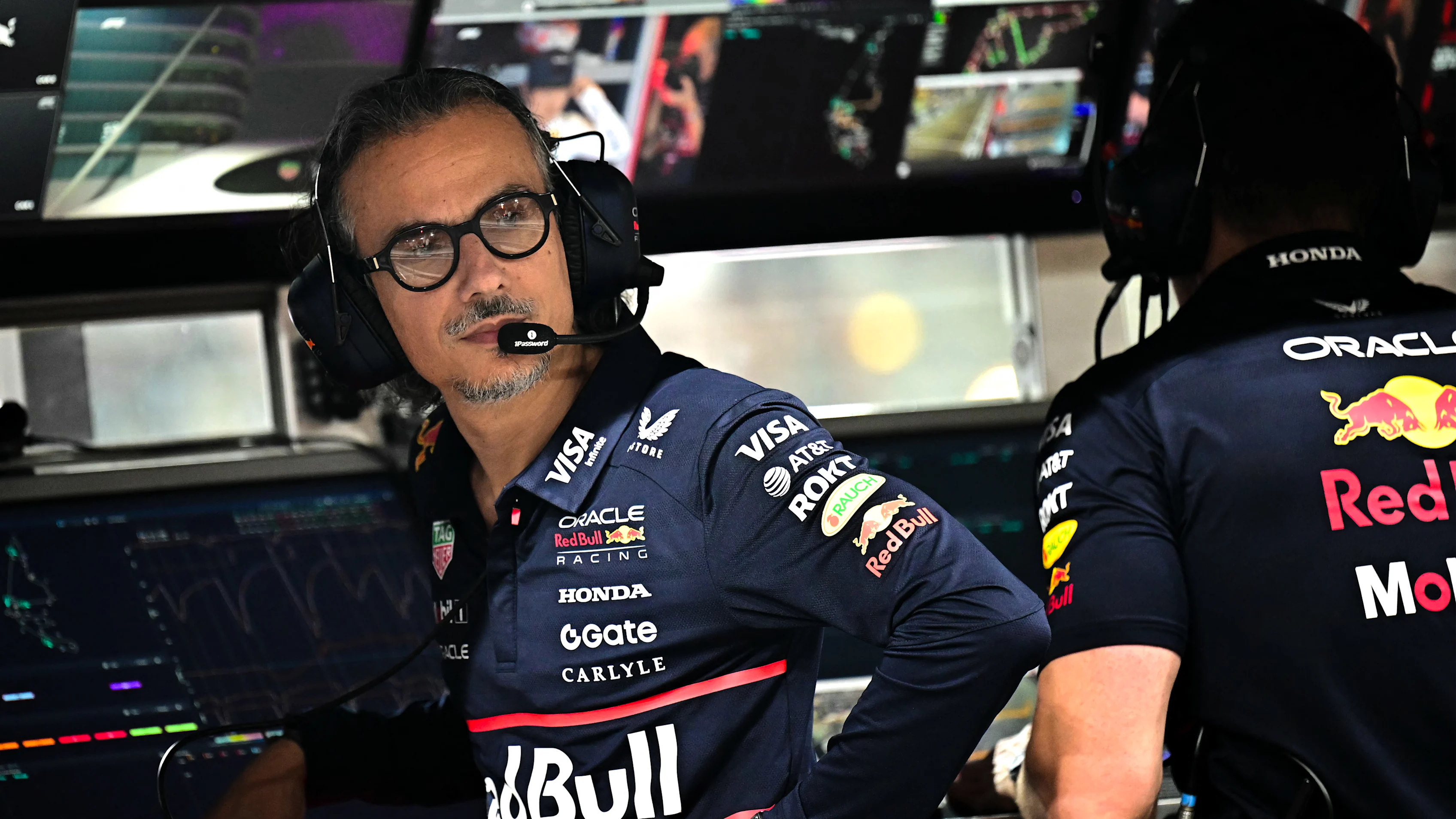 Red Bull Racing's French team principal Laurent Mekies looks on from the pit wall before the start