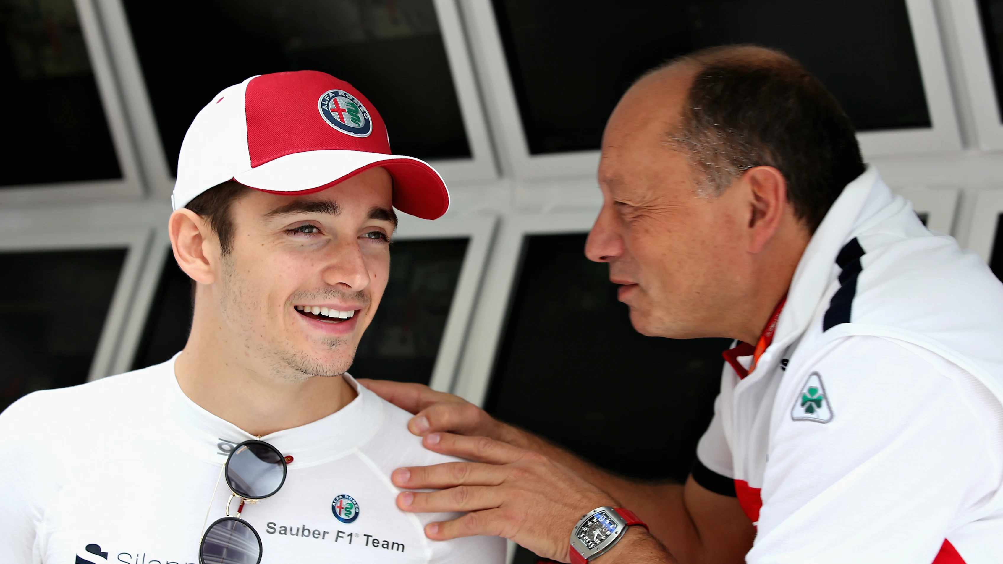 SOCHI, RUSSIA - SEPTEMBER 28: Charles Leclerc of Monaco and Sauber F1 talks with Sauber Team