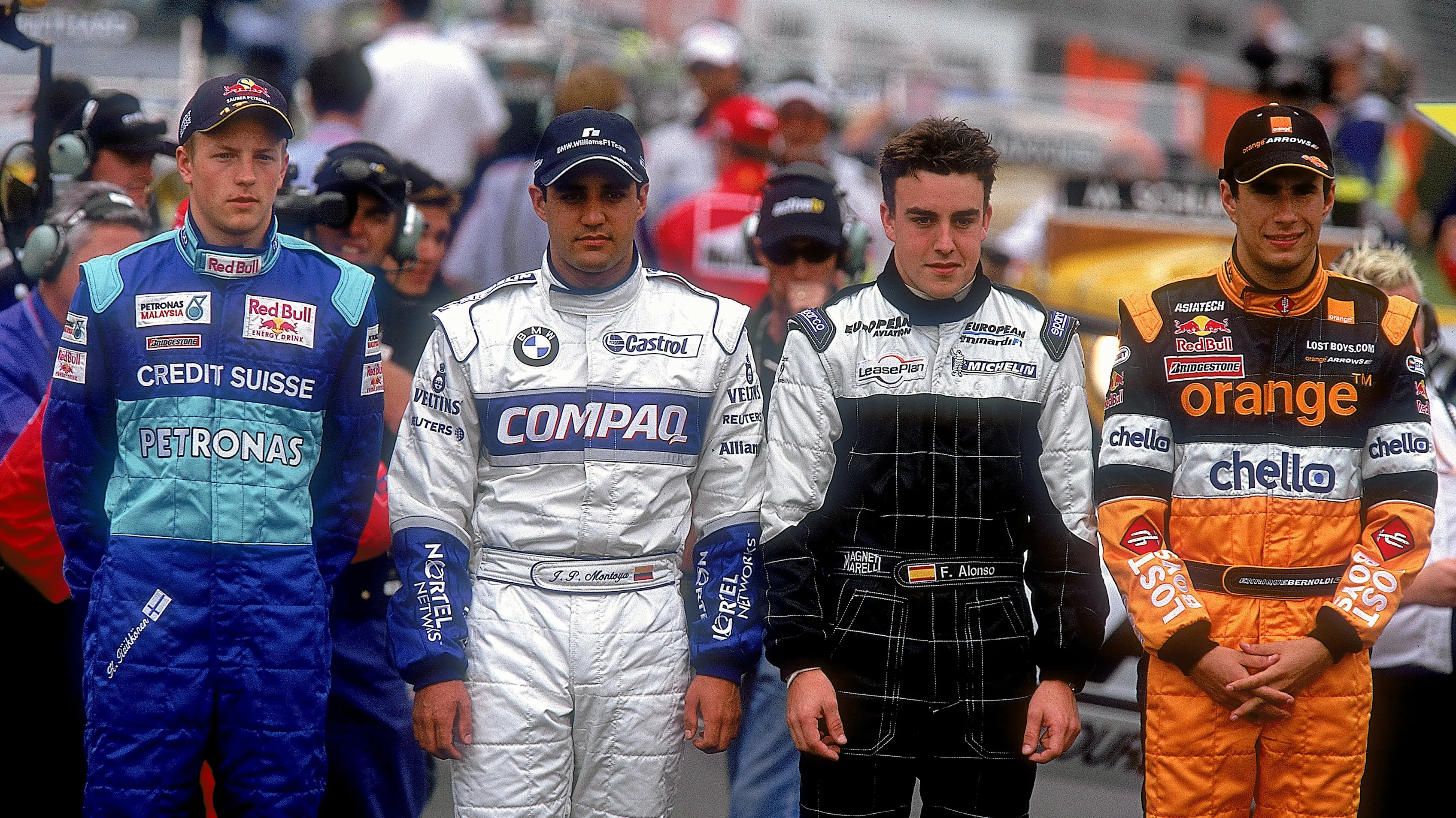 3 Mar 2001:  The 2001 season's new drivers (L to R) Kimi Raikkonen of Sauber, Juan Pablo Montoya of