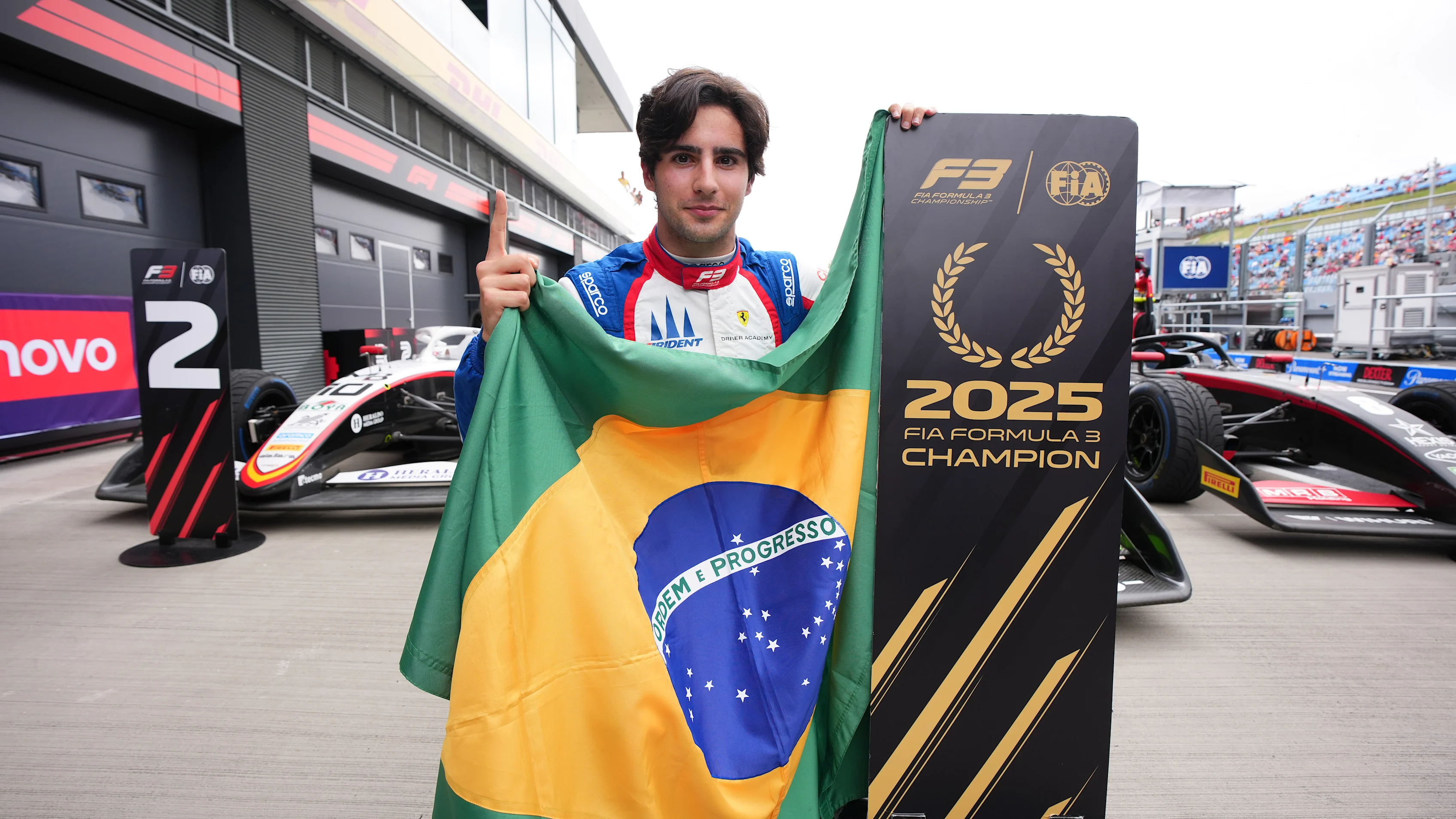 BUDAPEST, HUNGARY - AUGUST 03: 2025 F3 Drivers champion and Race winner Rafael Camara of Brazil and