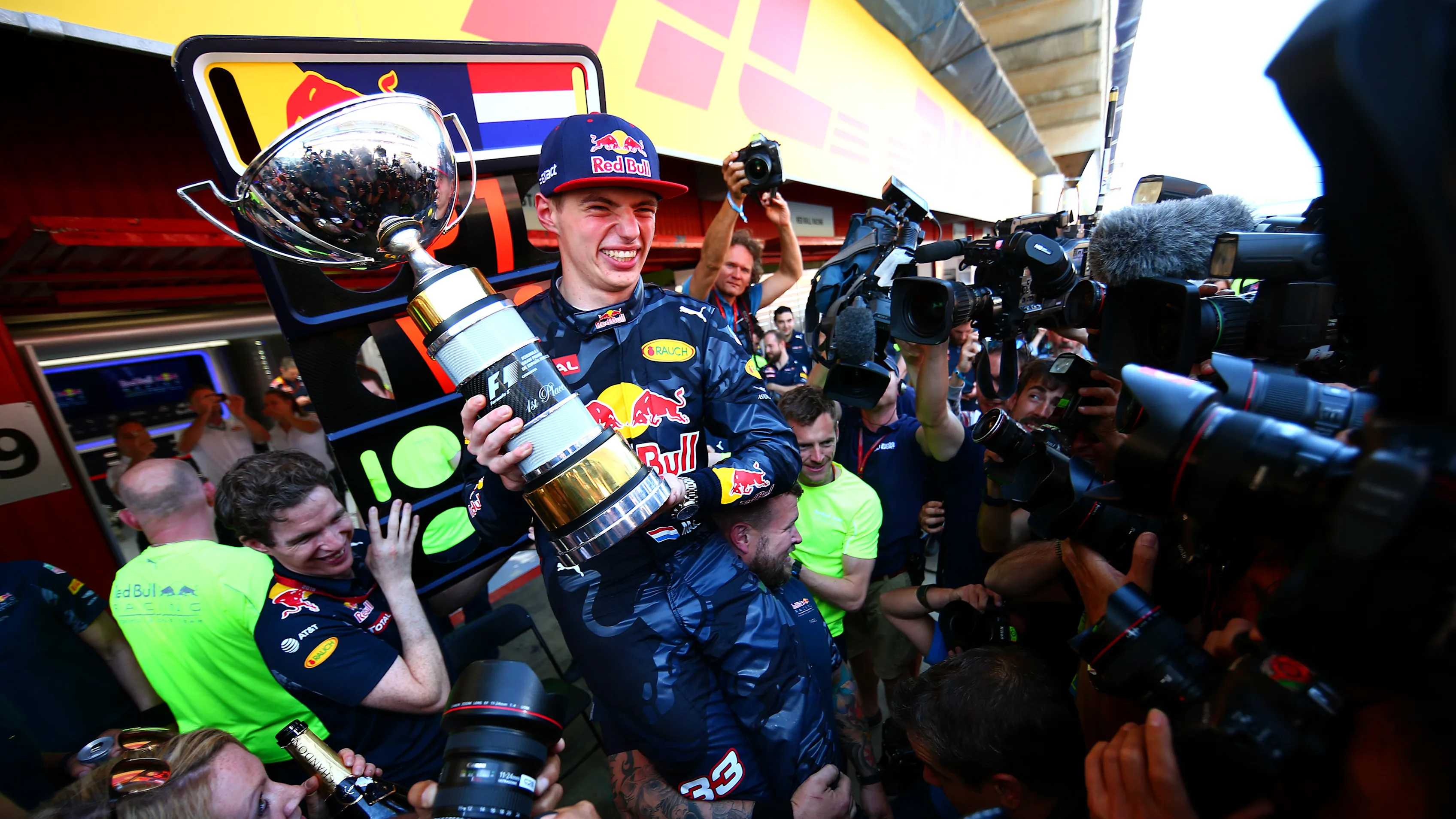 MONTMELO, SPAIN - MAY 15: Max Verstappen of Netherlands and Red Bull Racing celebrates with the