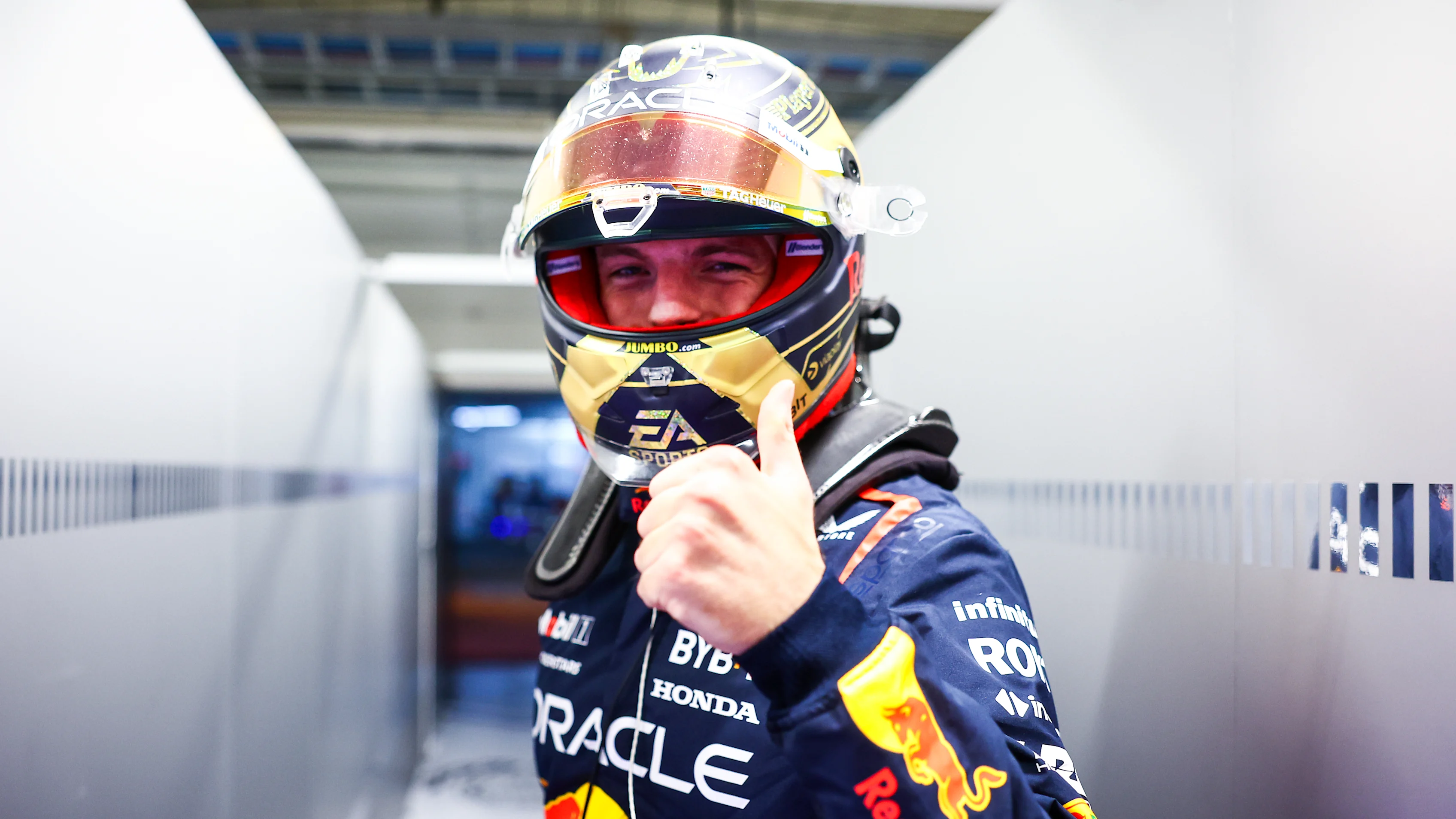 SAO PAULO, BRAZIL - NOVEMBER 03: Pole position qualifier Max Verstappen of the Netherlands and