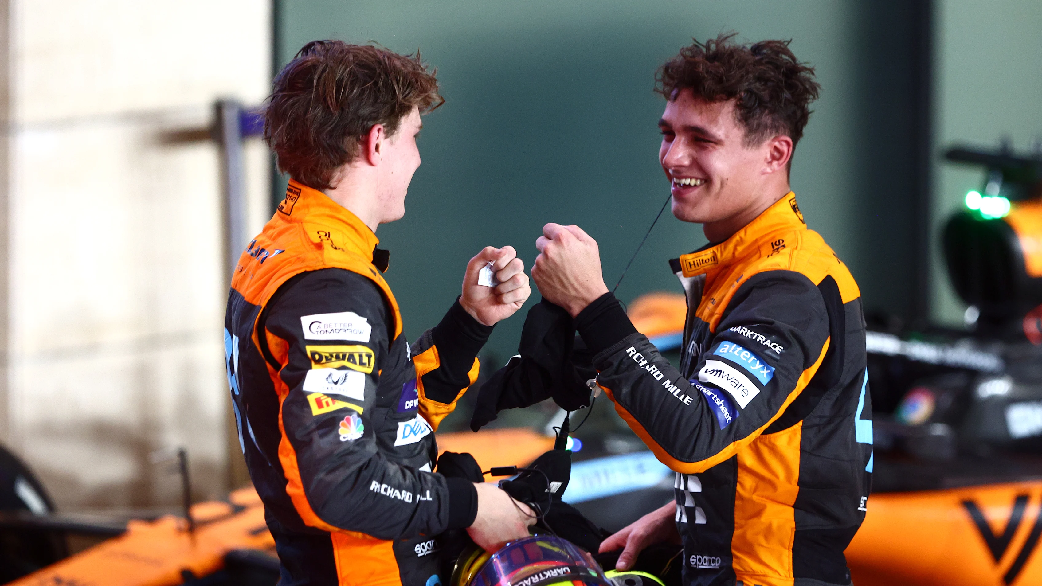 LUSAIL CITY, QATAR - OCTOBER 08: Second placed Oscar Piastri of Australia and McLaren and Third