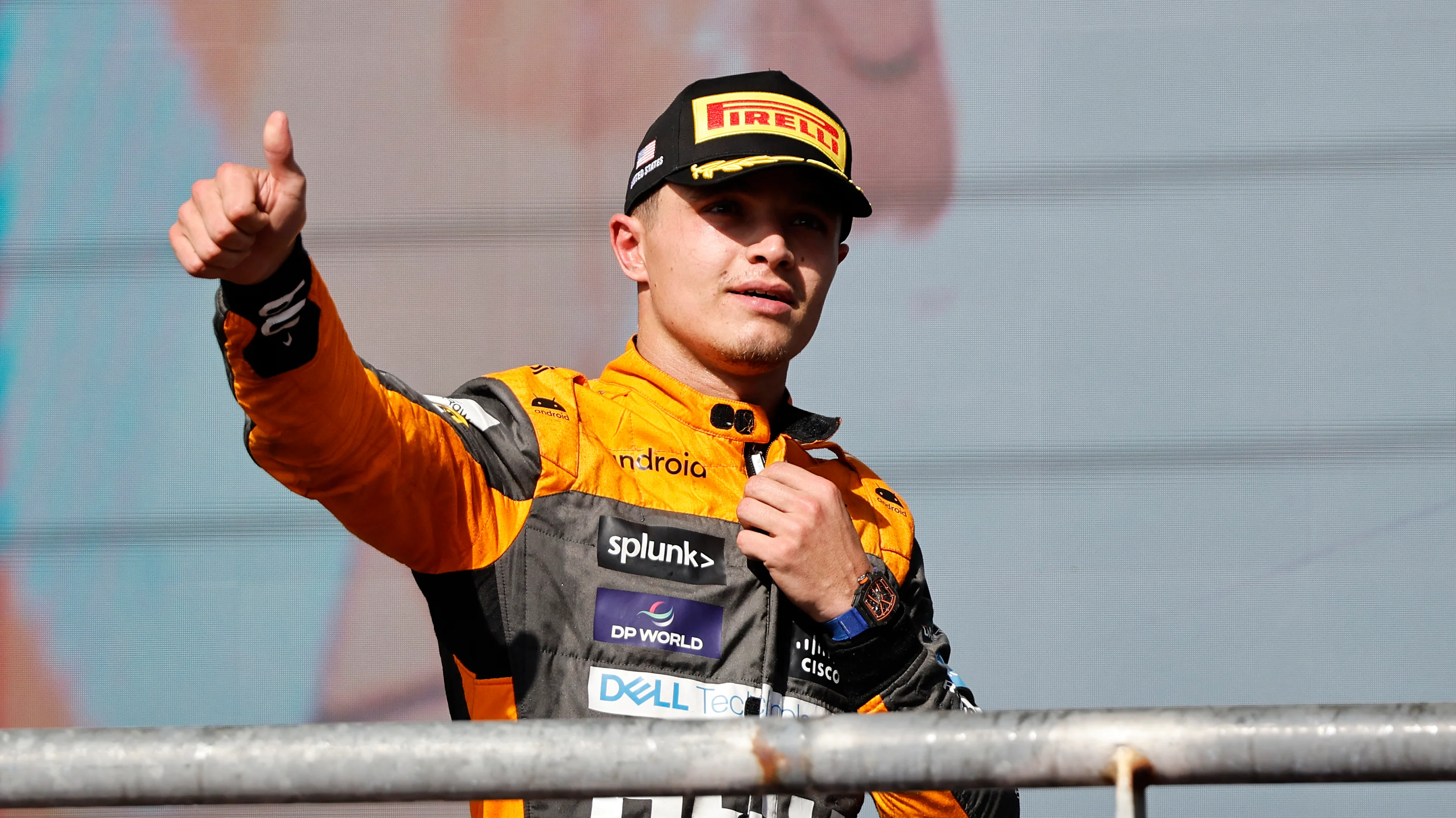 AUSTIN, TEXAS - OCTOBER 22: Third placed Lando Norris of Great Britain and McLaren celebrates on
