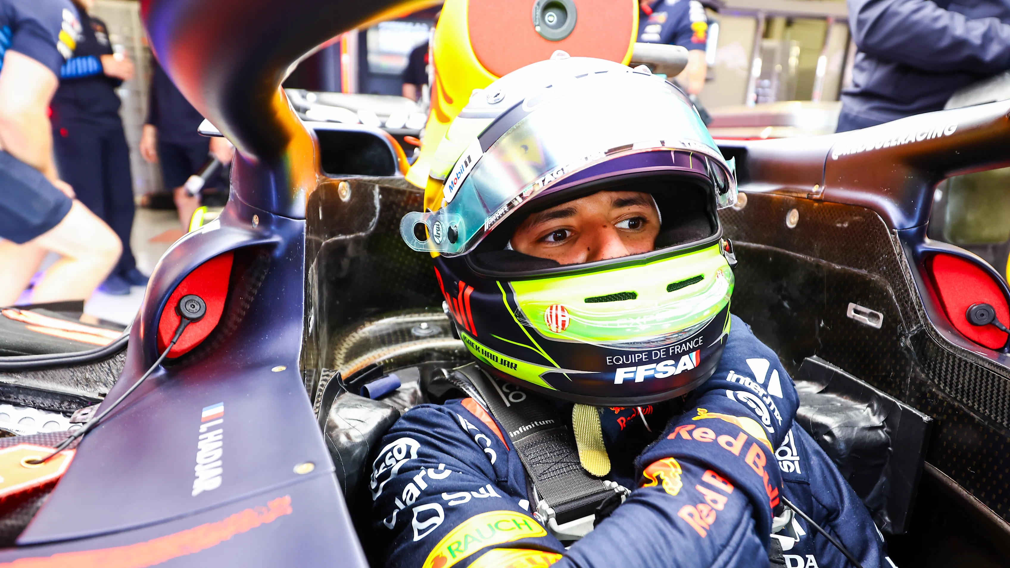 NORTHAMPTON, ENGLAND - JULY 04: Isack Hadjar of France and Red Bull Racing has a seat fitting in