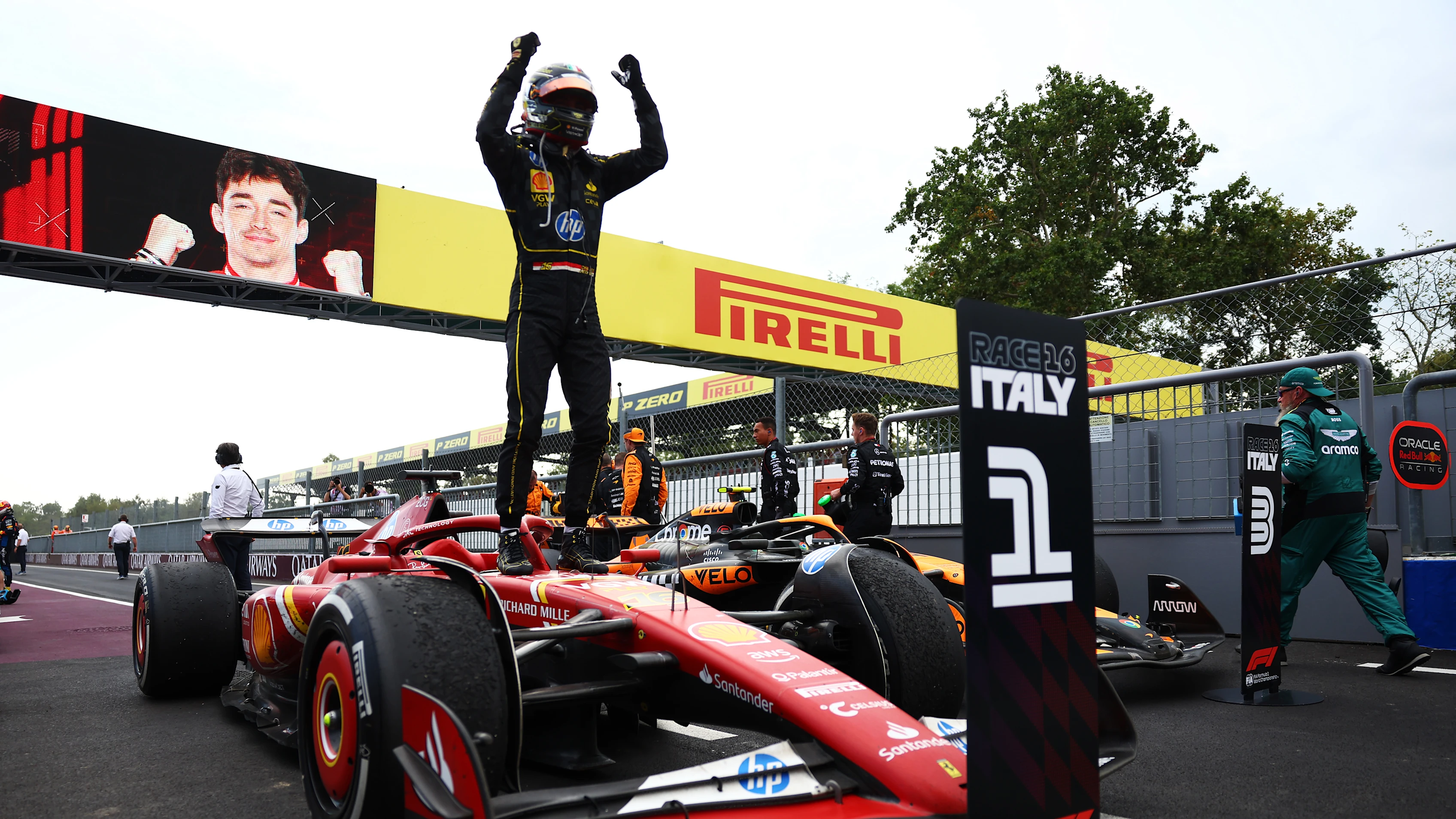 MONZA, ITALY - SEPTEMBER 01: Race winner Charles Leclerc of Monaco and Ferrari celebrates in parc