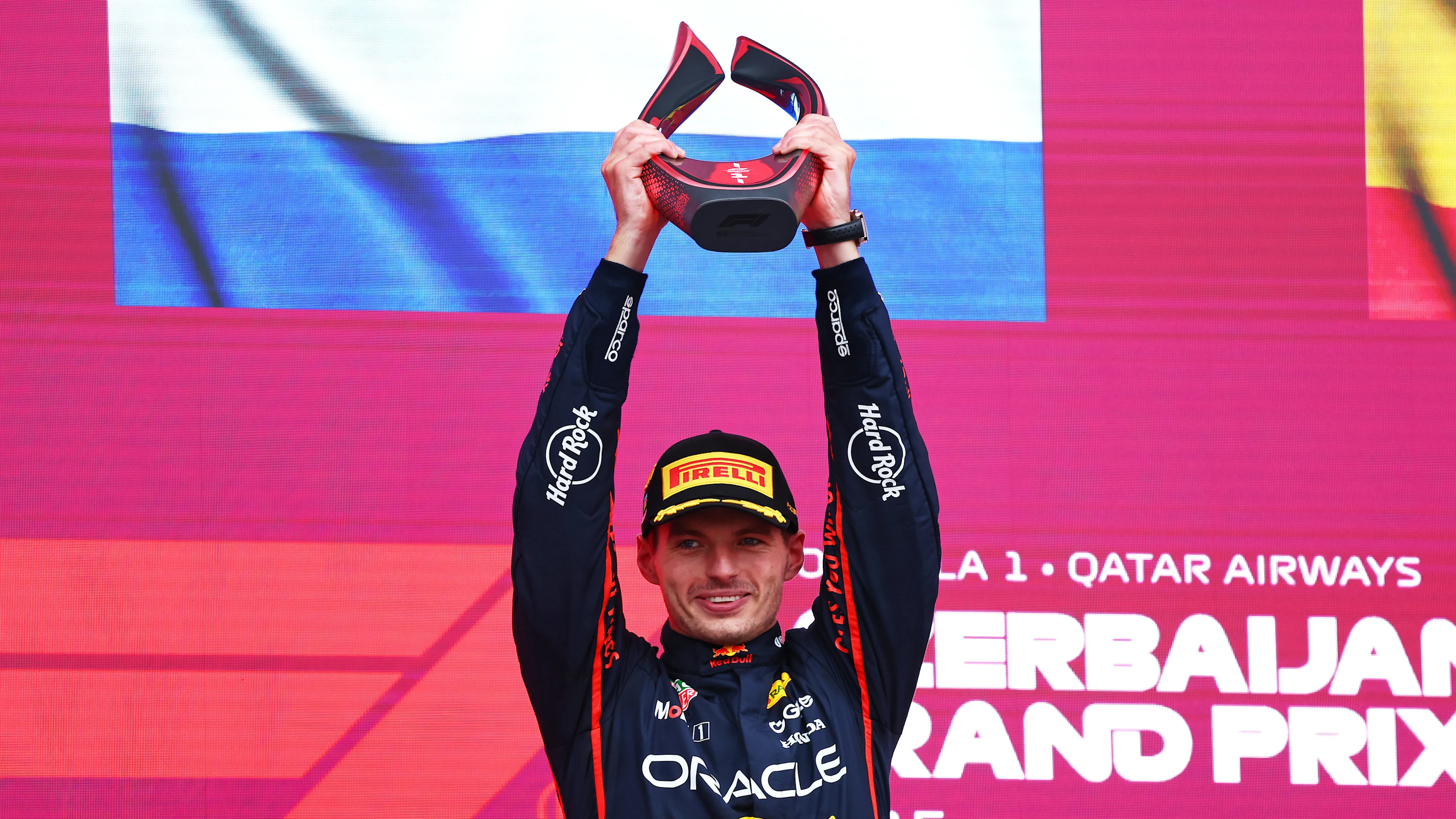 BAKU, AZERBAIJAN - SEPTEMBER 21: Race winner Max Verstappen of the Netherlands and Oracle Red Bull