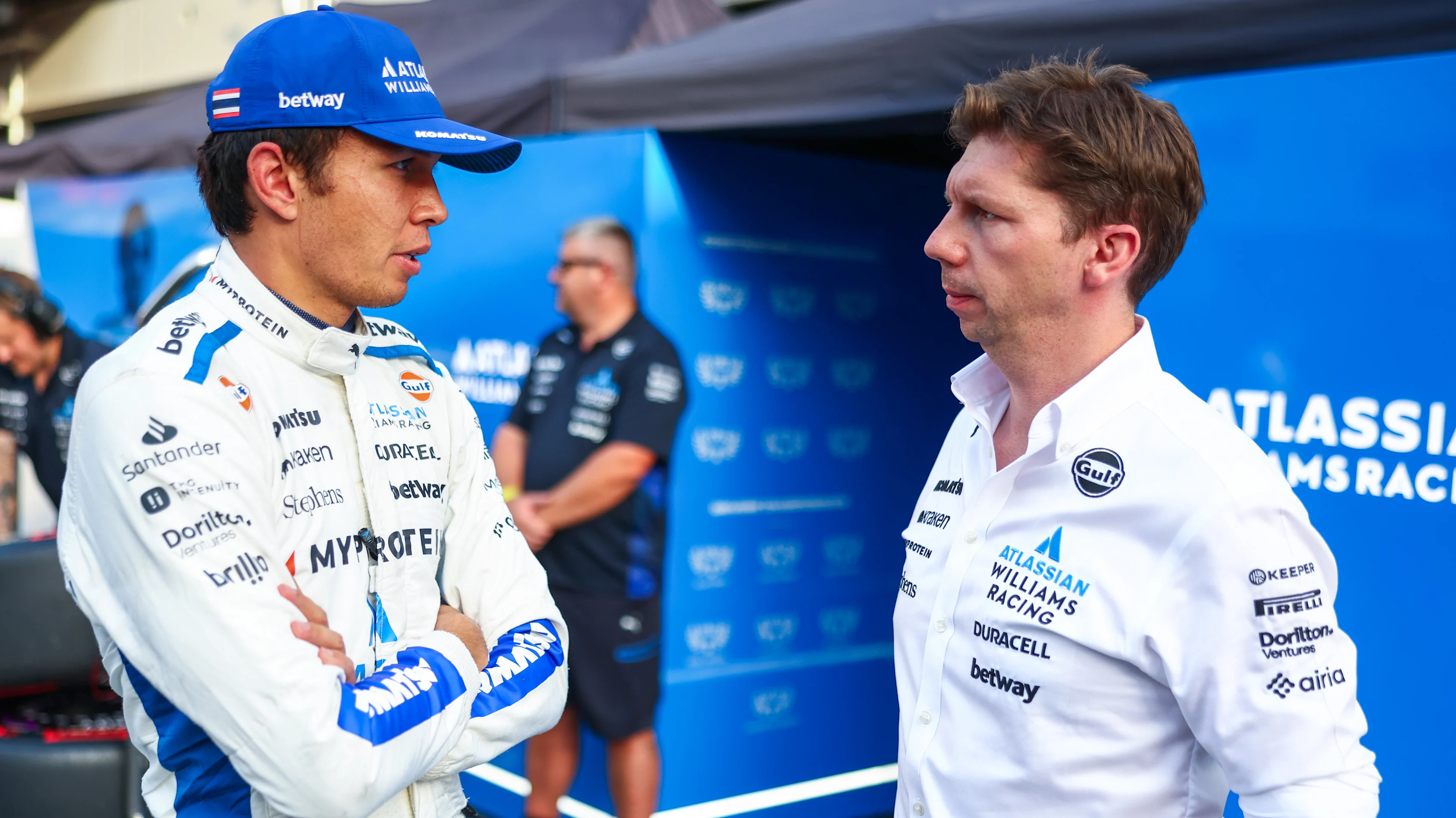 BAKU, AZERBAIJAN - SEPTEMBER 19: Alexander Albon of Thailand and Williams and James Vowles, Team