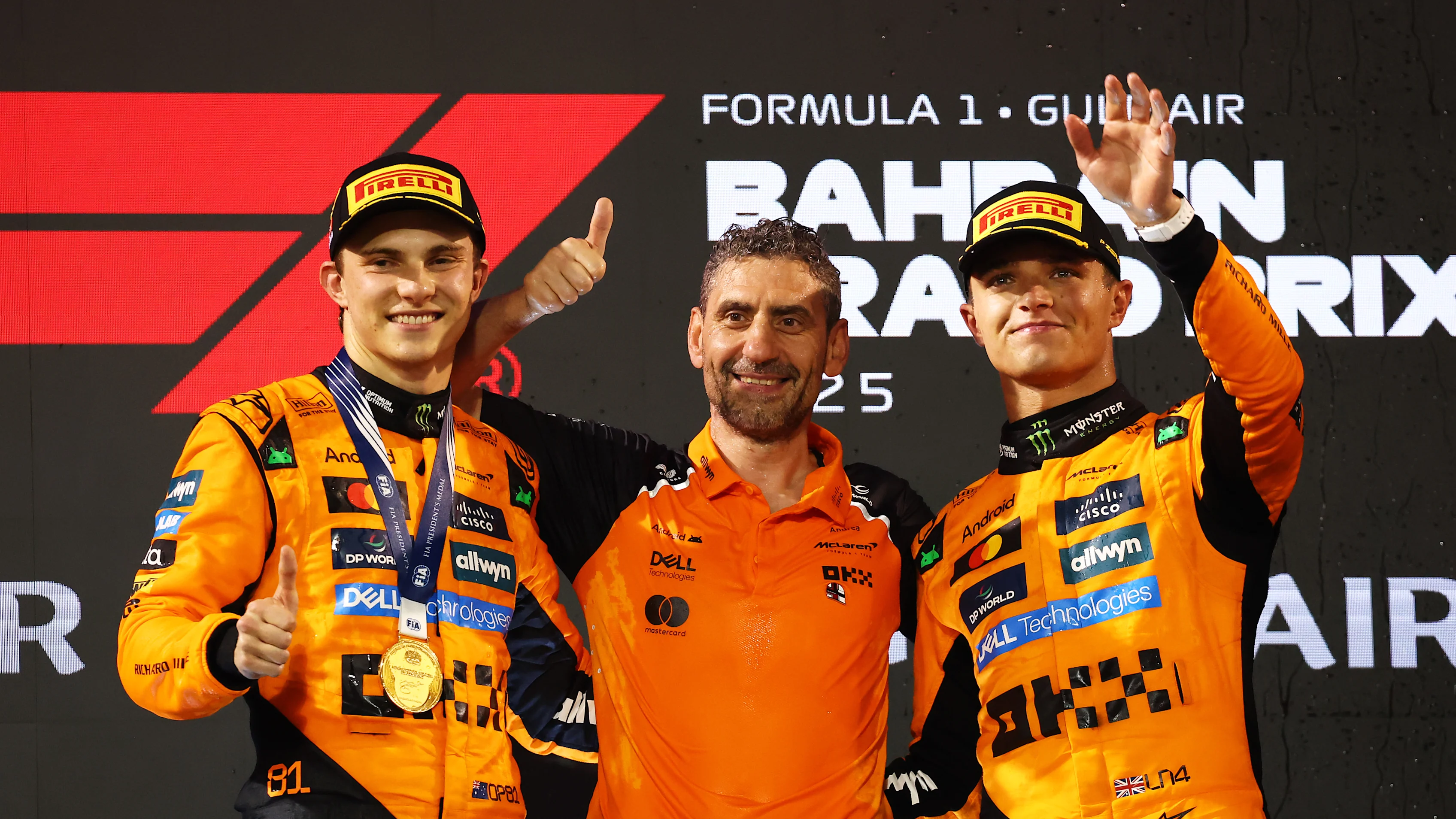 BAHRAIN, BAHRAIN - APRIL 13: Race winner Oscar Piastri of Australia and McLaren Andrea Stella, Team