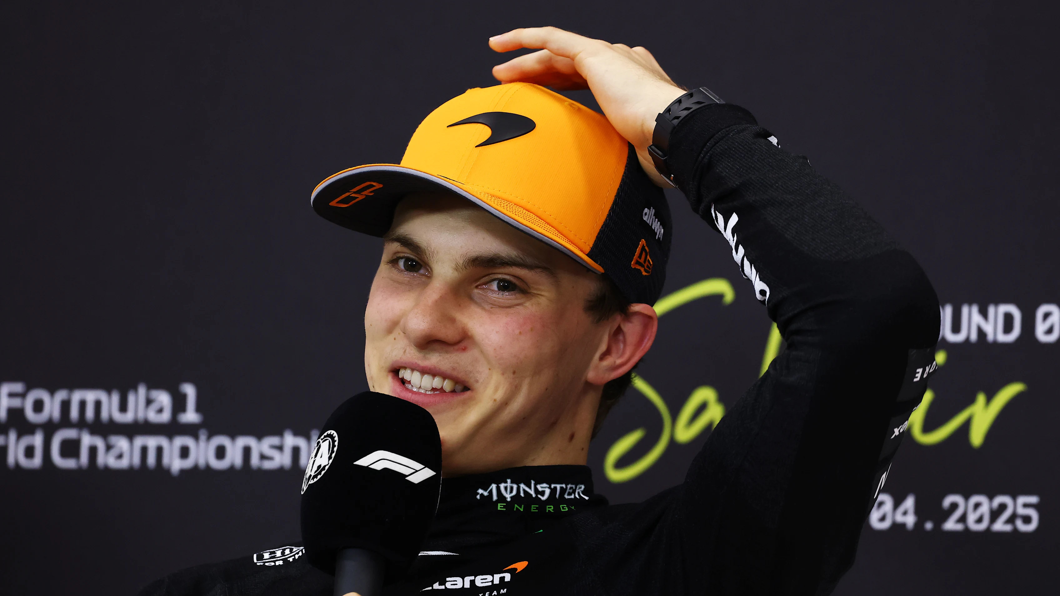 BAHRAIN, BAHRAIN - APRIL 12: Pole position qualifier Oscar Piastri of Australia and McLaren in the