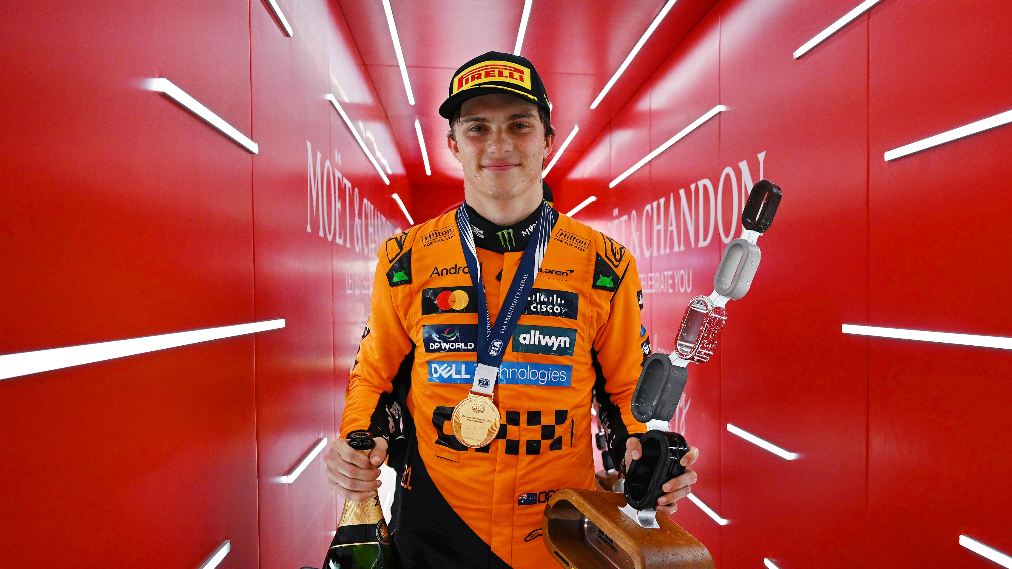 SPA, BELGIUM - JULY 27: Race winner Oscar Piastri of Australia and McLaren leaves the podium with