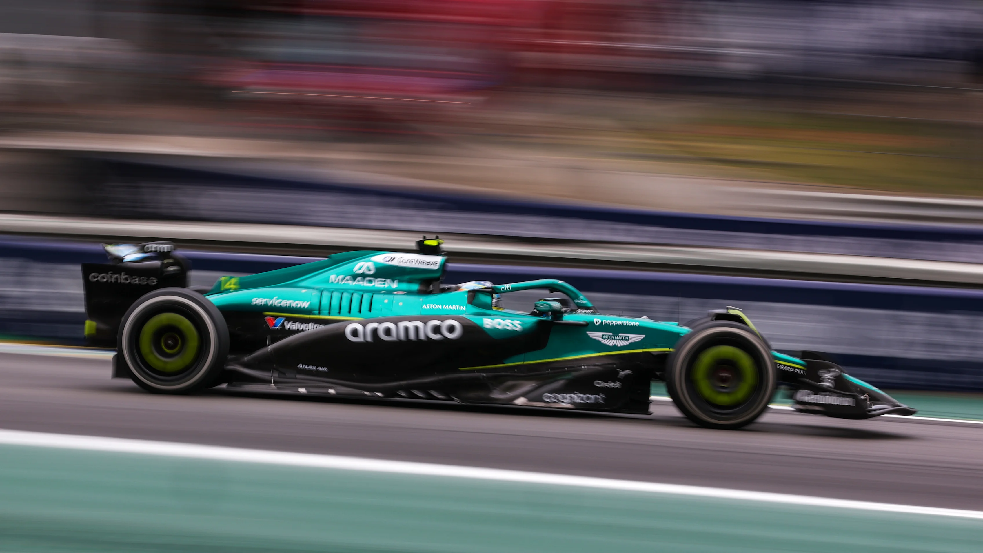SAO PAULO, BRAZIL - NOVEMBER 09: Fernando Alonso of Spain driving the (14) Aston Martin F1 Team AMR25 Mercedes on track during the F1 Grand Prix of Brazil at Autodromo Jose Carlos Pace on November 09, 2025 in Sao Paulo, Brazil. (Photo by Mark Thompson/Getty Images)
